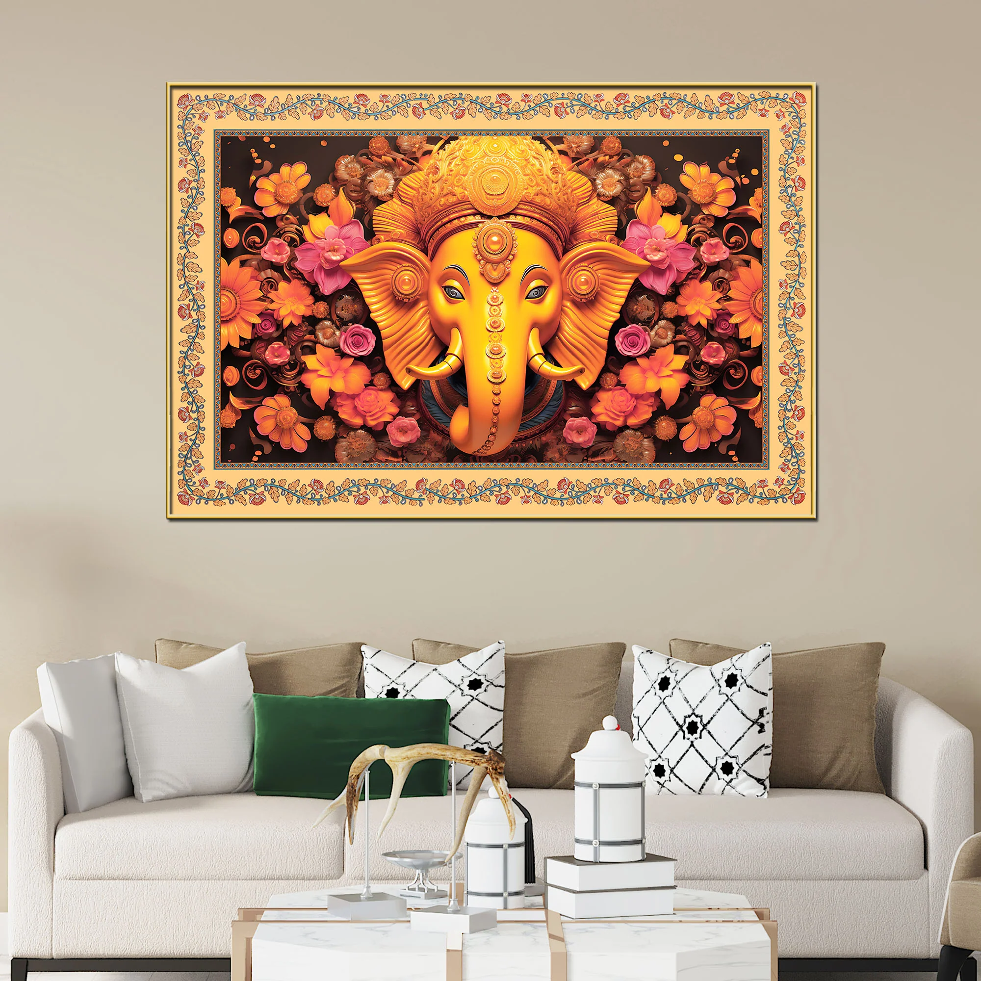 Lord Ganesha with Beautiful Flowers Border Canvas Wall Painting - Image 3