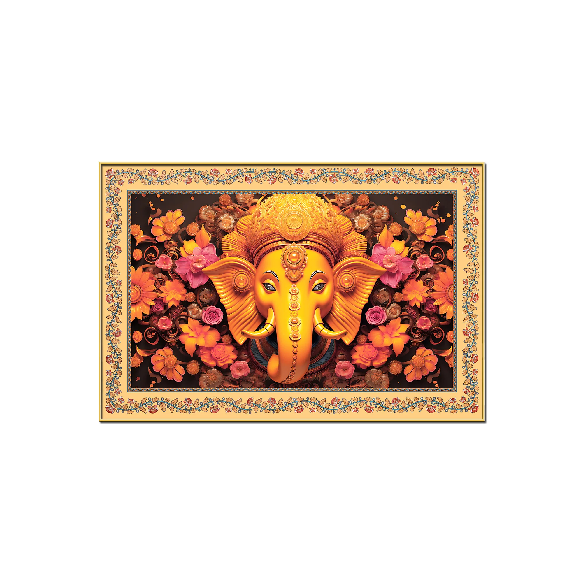 Lord Ganesha with Beautiful Flowers Border Canvas Wall Painting - Image 4