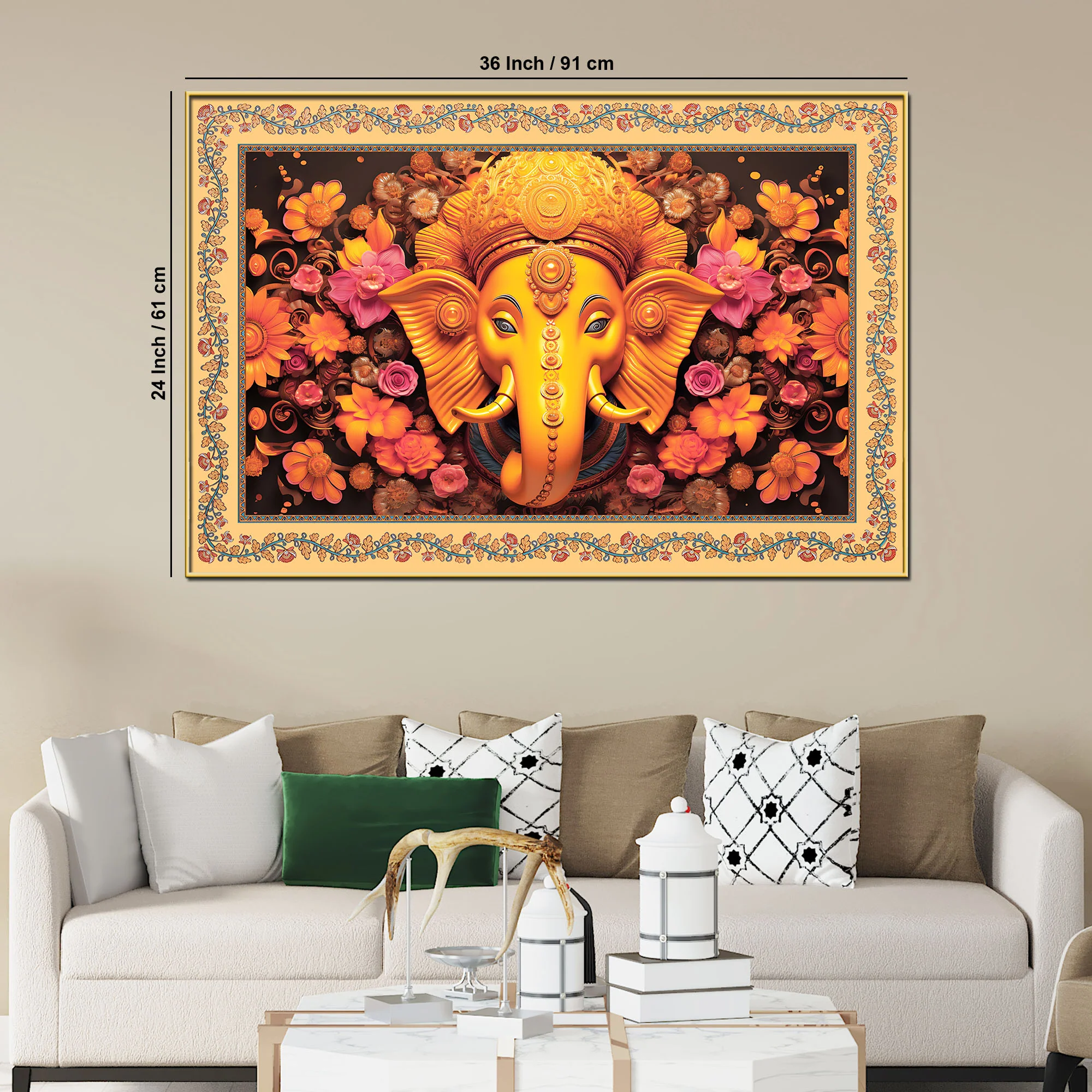 Lord Ganesha with Beautiful Flowers Border Canvas Wall Painting - Image 6