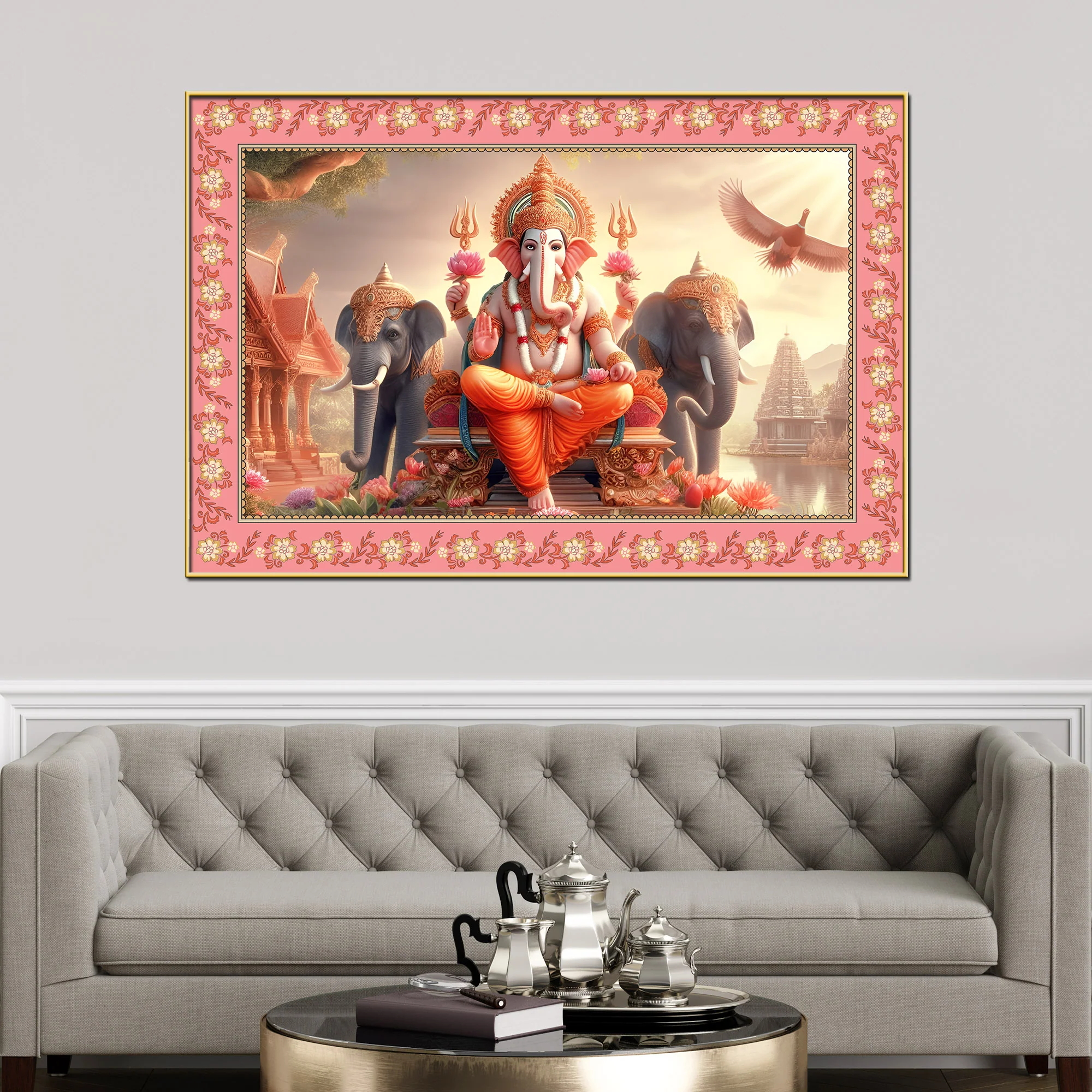 Lord Ganesha with Elephants Floral Border Canvas Wall Painting - Image 2