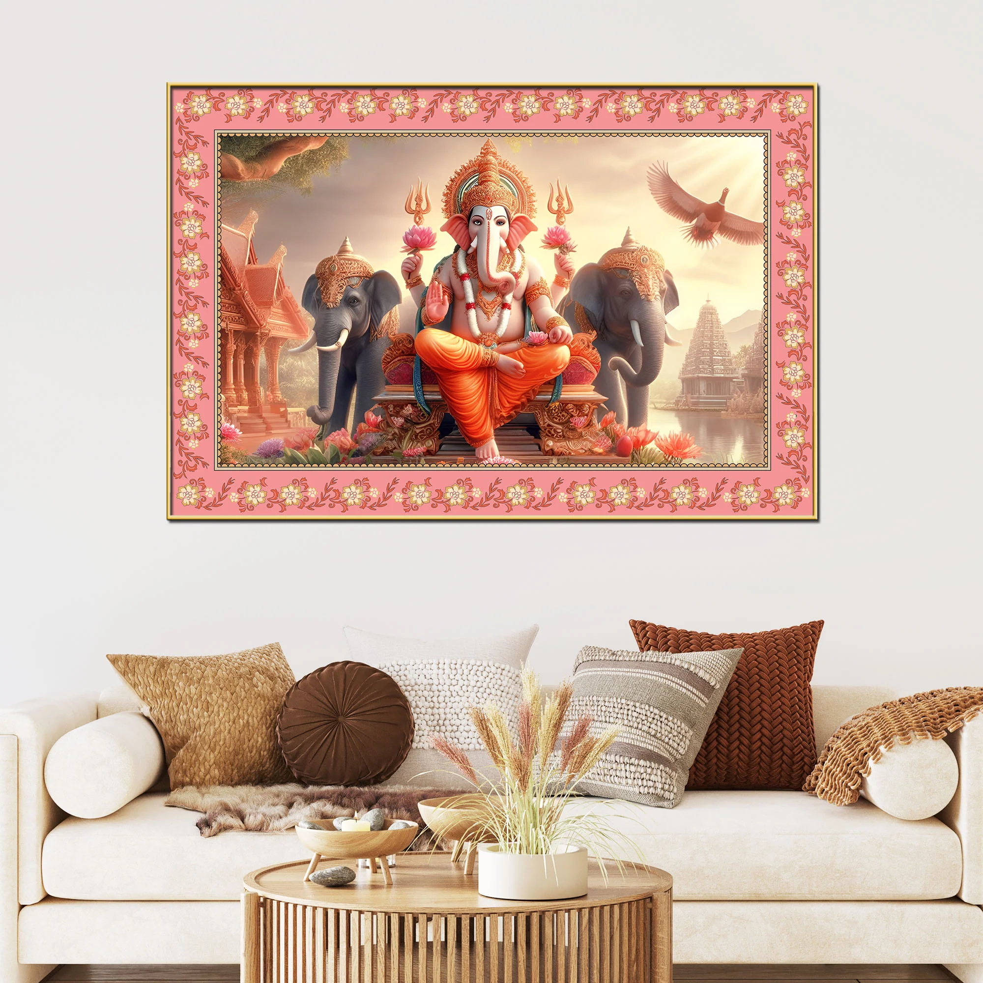 Lord Ganesha with Elephants Floral Border Canvas Wall Painting - Image 3