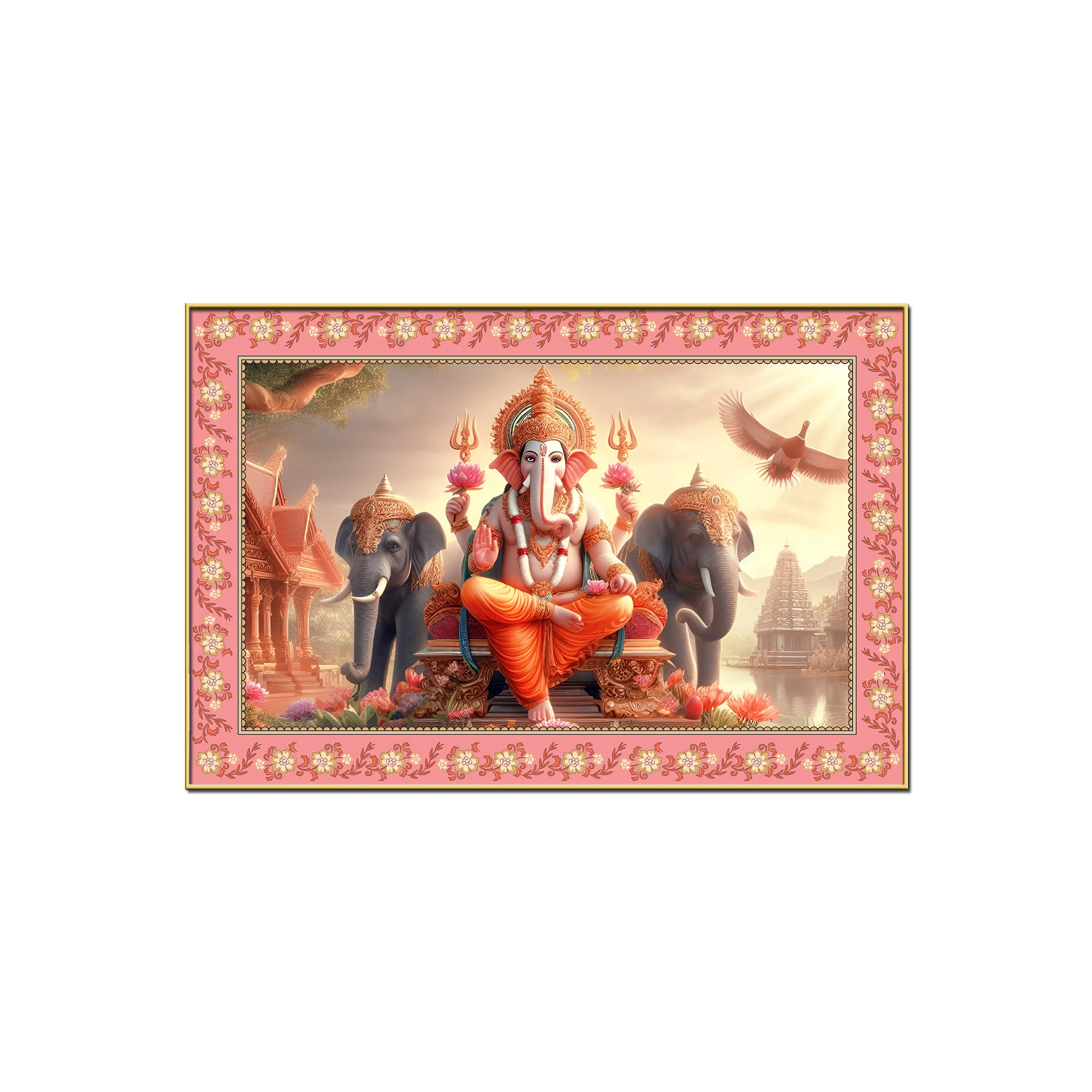 Lord Ganesha with Elephants Floral Border Canvas Wall Painting - Image 4