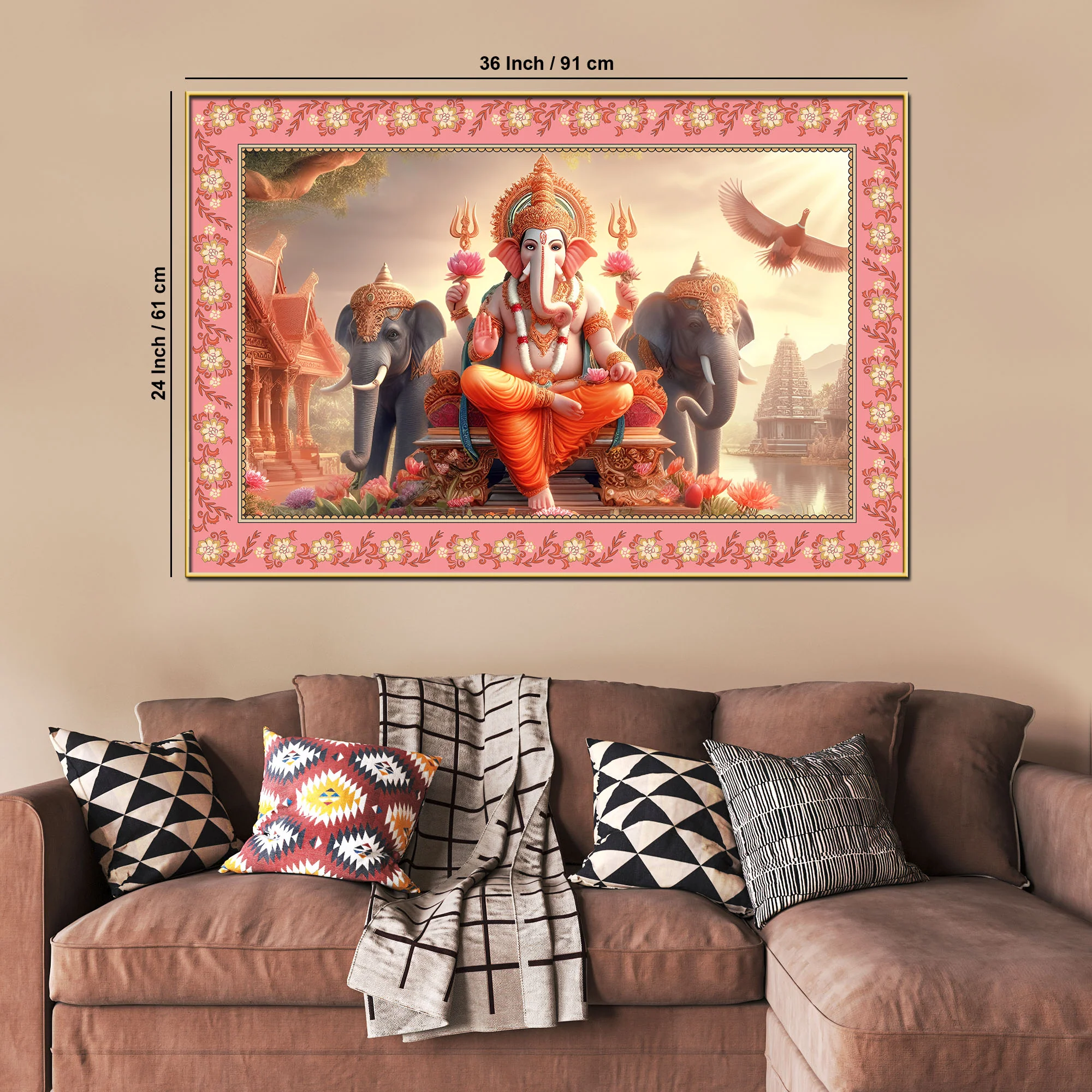 Lord Ganesha with Elephants Floral Border Canvas Wall Painting - Image 6