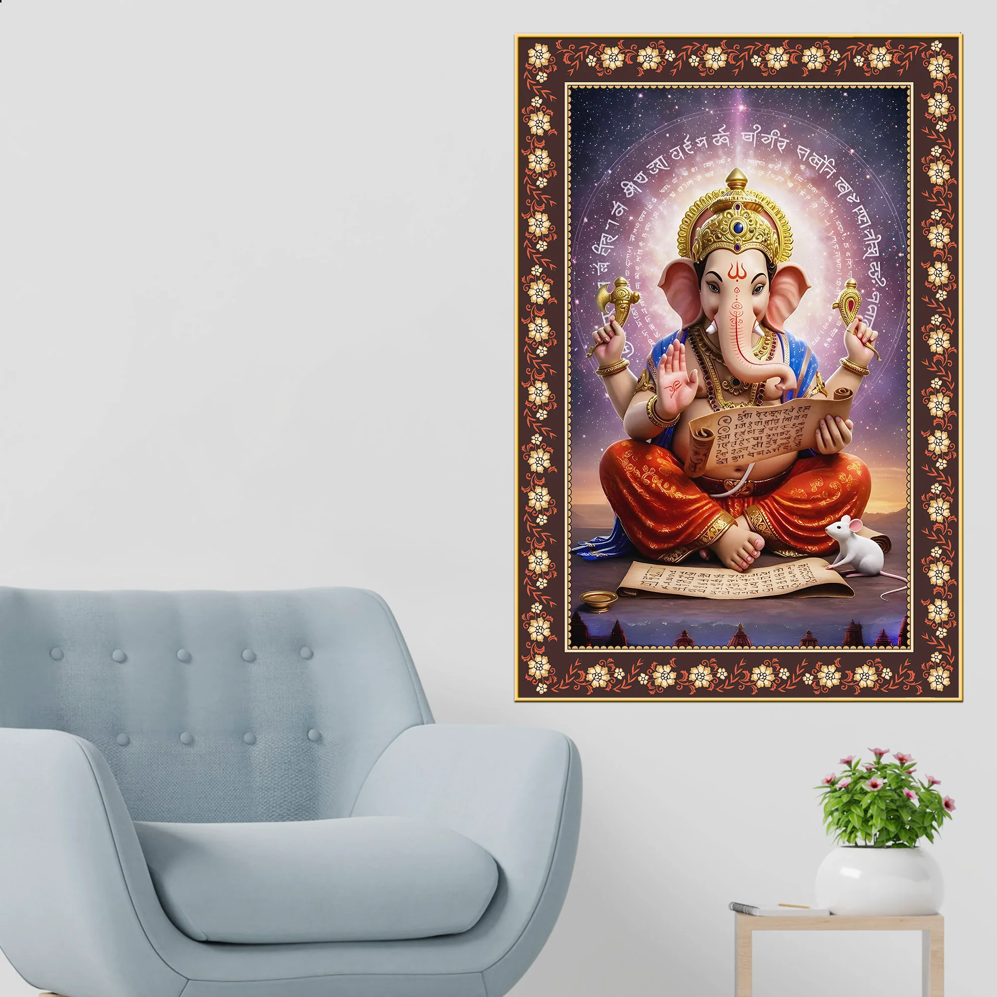Lord Ganesha Writing Mahabharata Floral Border Vertical Wall Painting - Image 2
