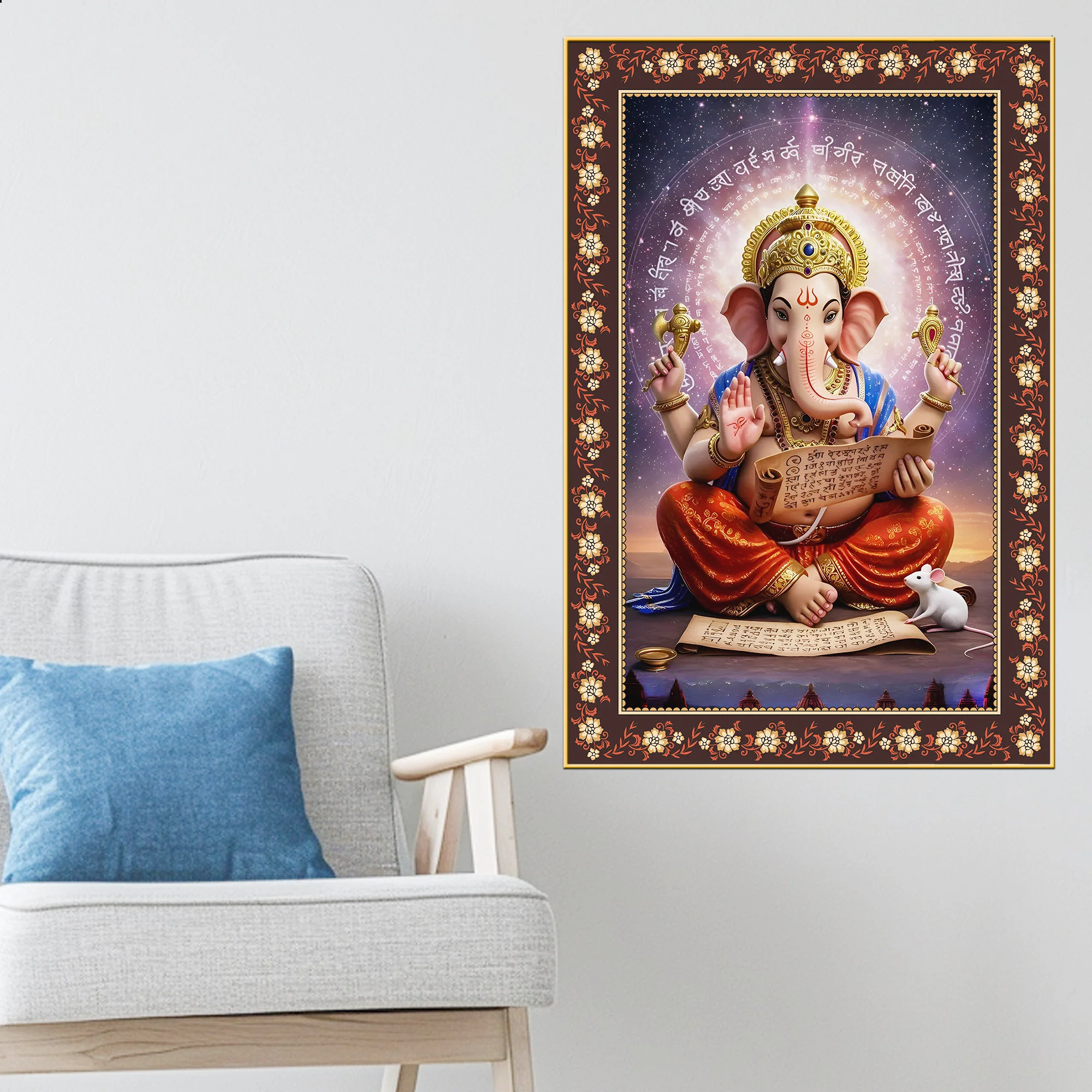 Lord Ganesha Writing Mahabharata Floral Border Vertical Wall Painting - Image 3
