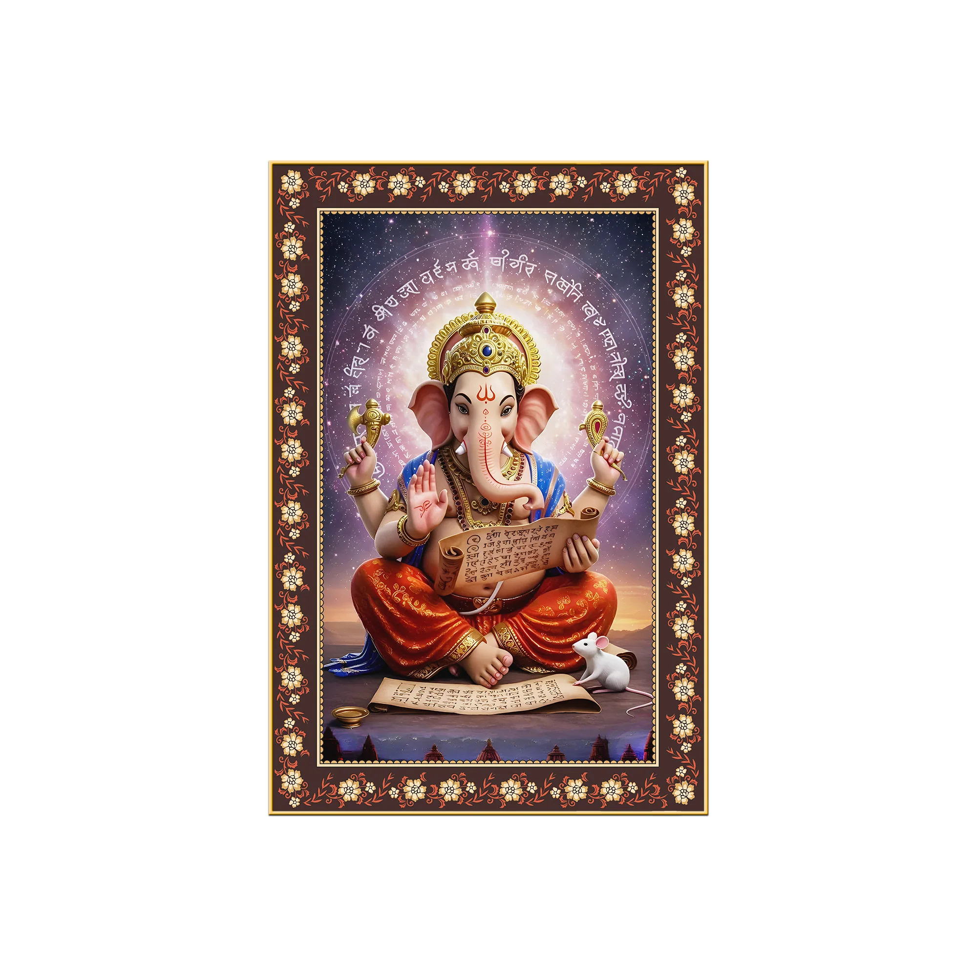 Lord Ganesha Writing Mahabharata Floral Border Vertical Wall Painting - Image 4