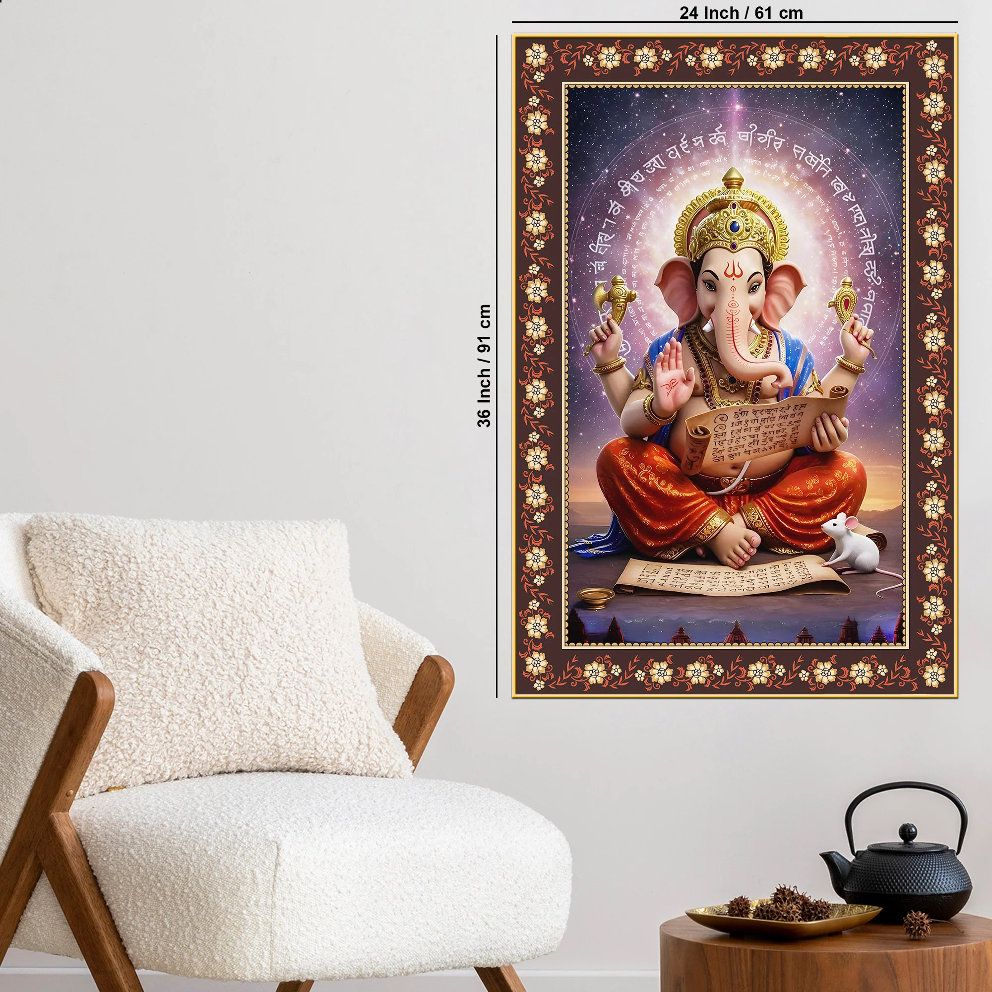 Lord Ganesha Writing Mahabharata Floral Border Vertical Wall Painting - Image 6