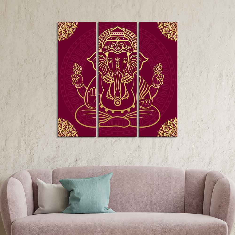Lord Ganpati Canvas Wall Painting of Three Pieces - Image 2