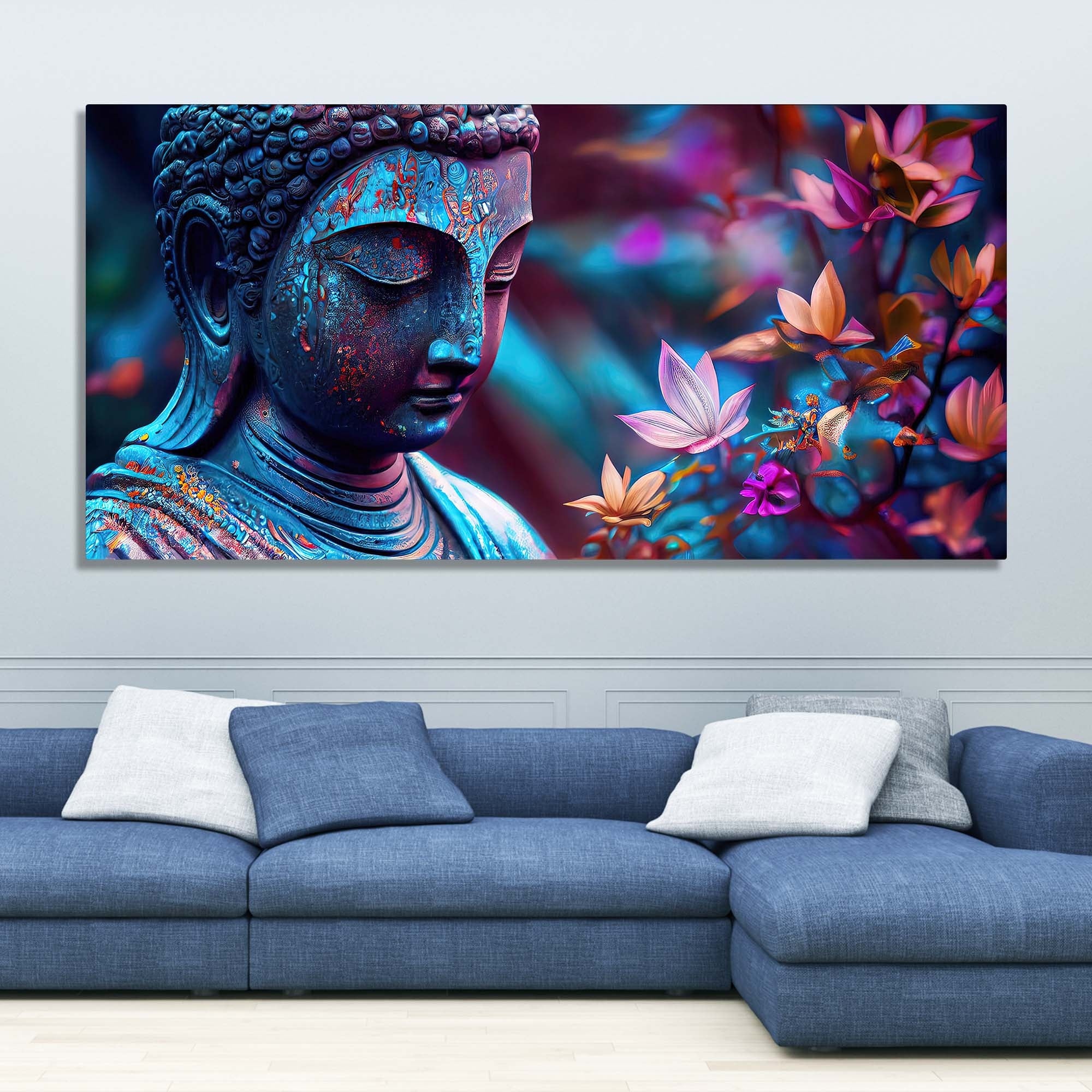 Lord Gautam Buddha Floral Art Canvas Wall Painting - Image 3
