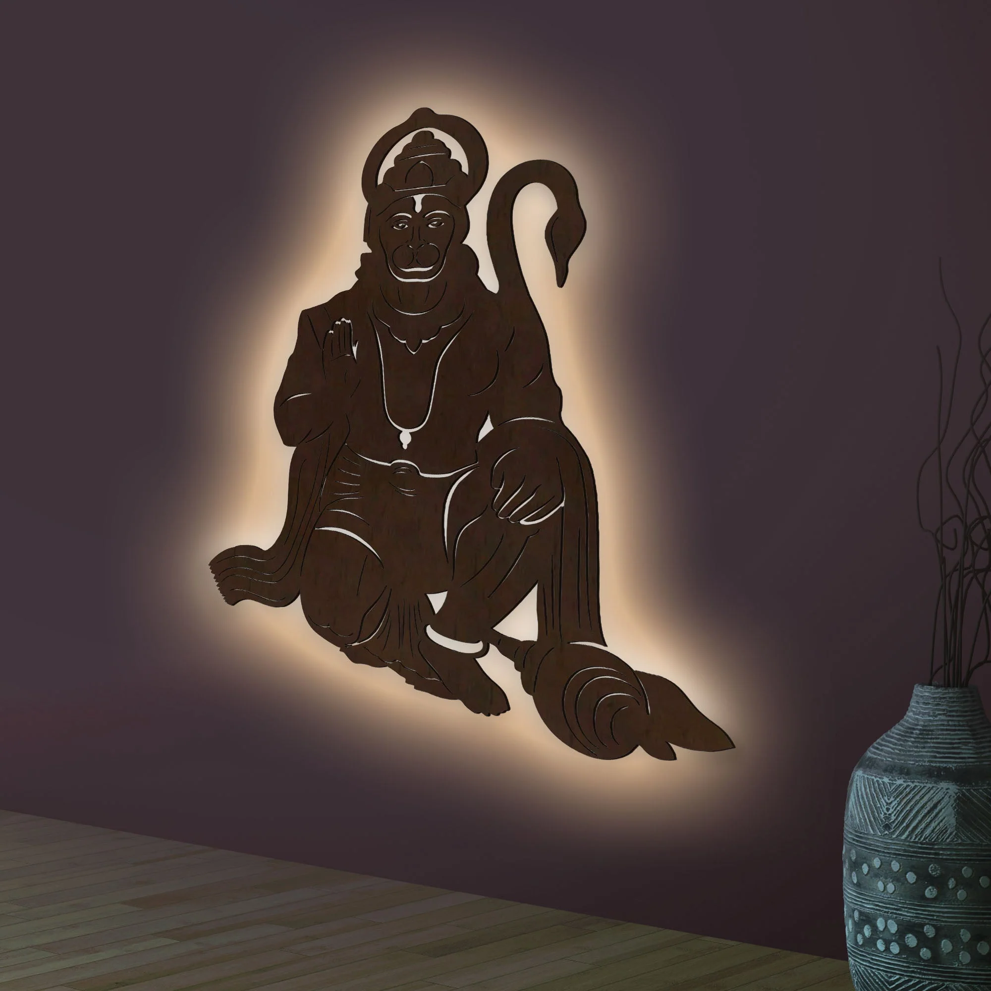 Lord Hanuman Ji Shape Backlit Designer Wooden Wall Shelf / Book Shelf / Night Light, Walnut Finish - Image 2