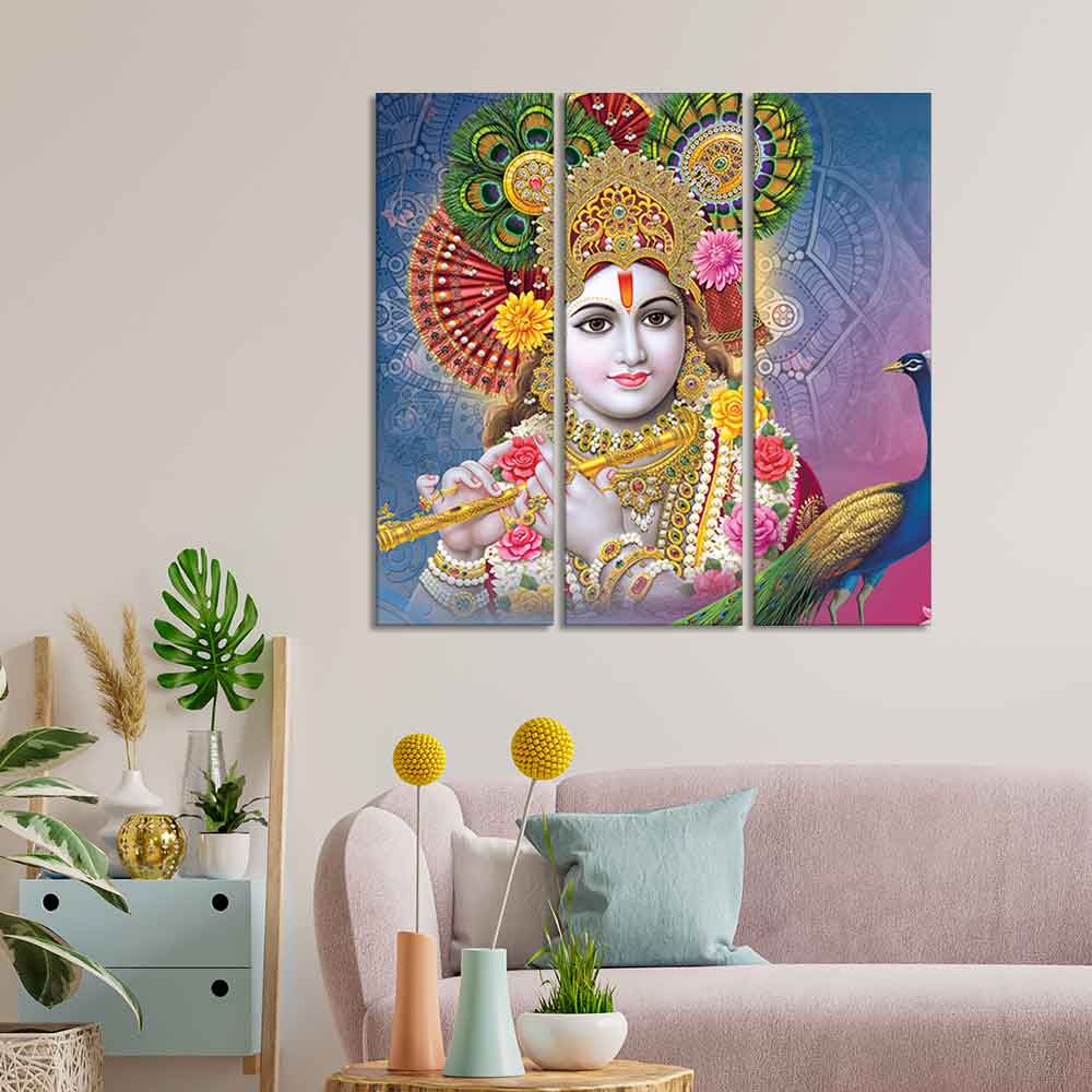 Lord Kanha Ji beautiful Wall Painting of 3 Panels - Image 2