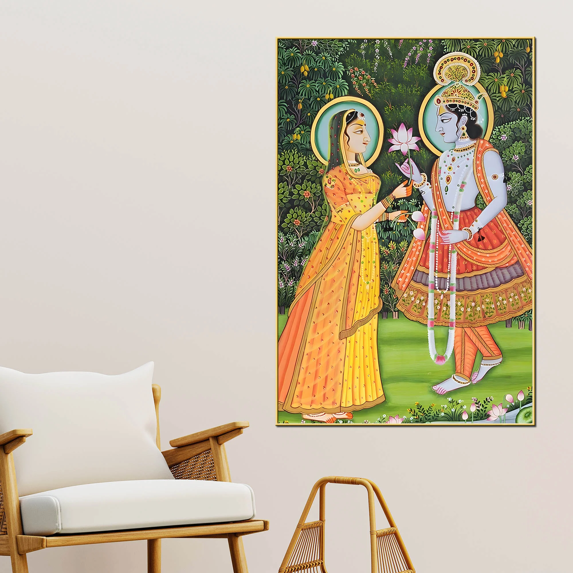 Lord Krishna Accepting Lotus From Shree Radha Canvas Wall Painting - Image 2