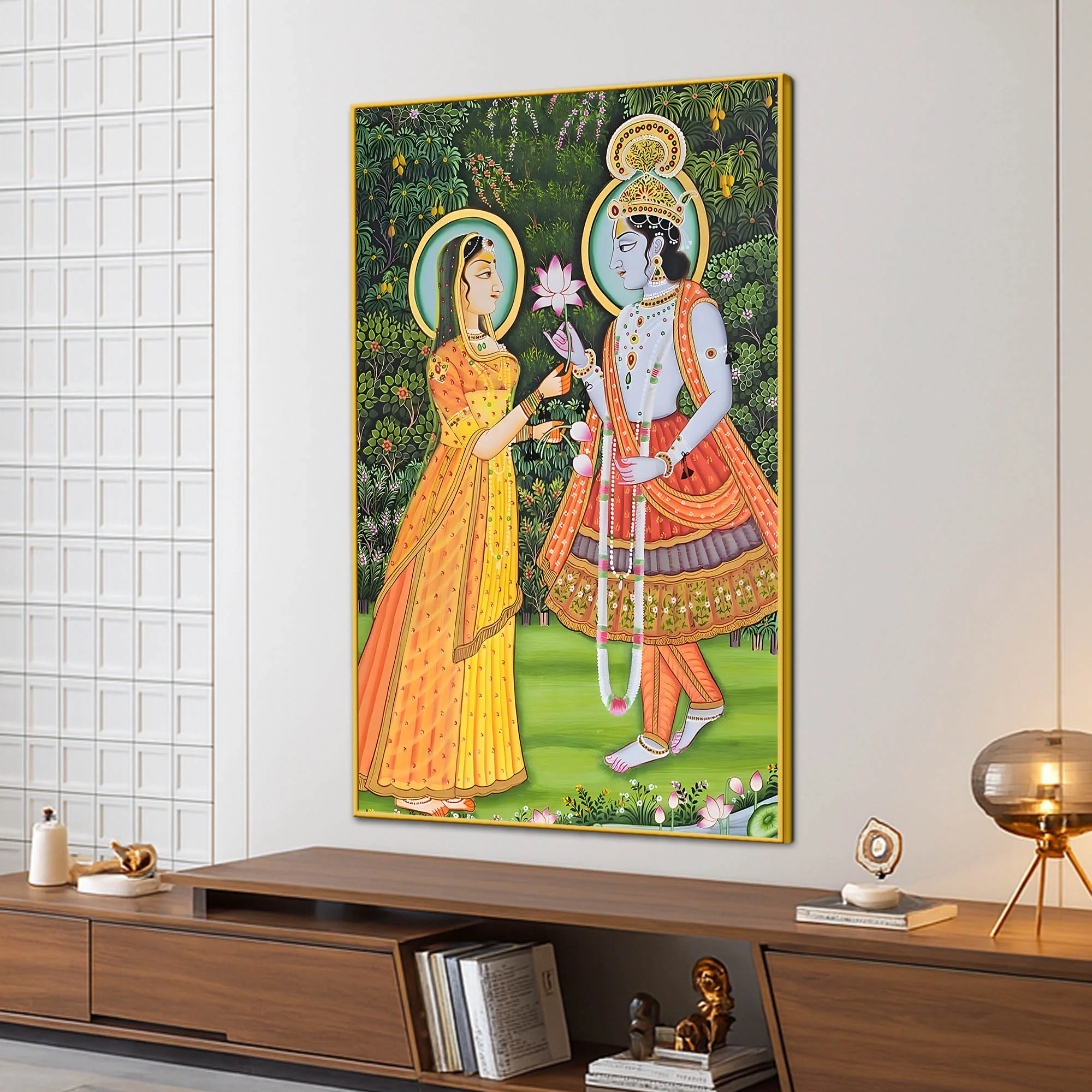 Lord Krishna Accepting Lotus From Shree Radha Canvas Wall Painting - Image 3