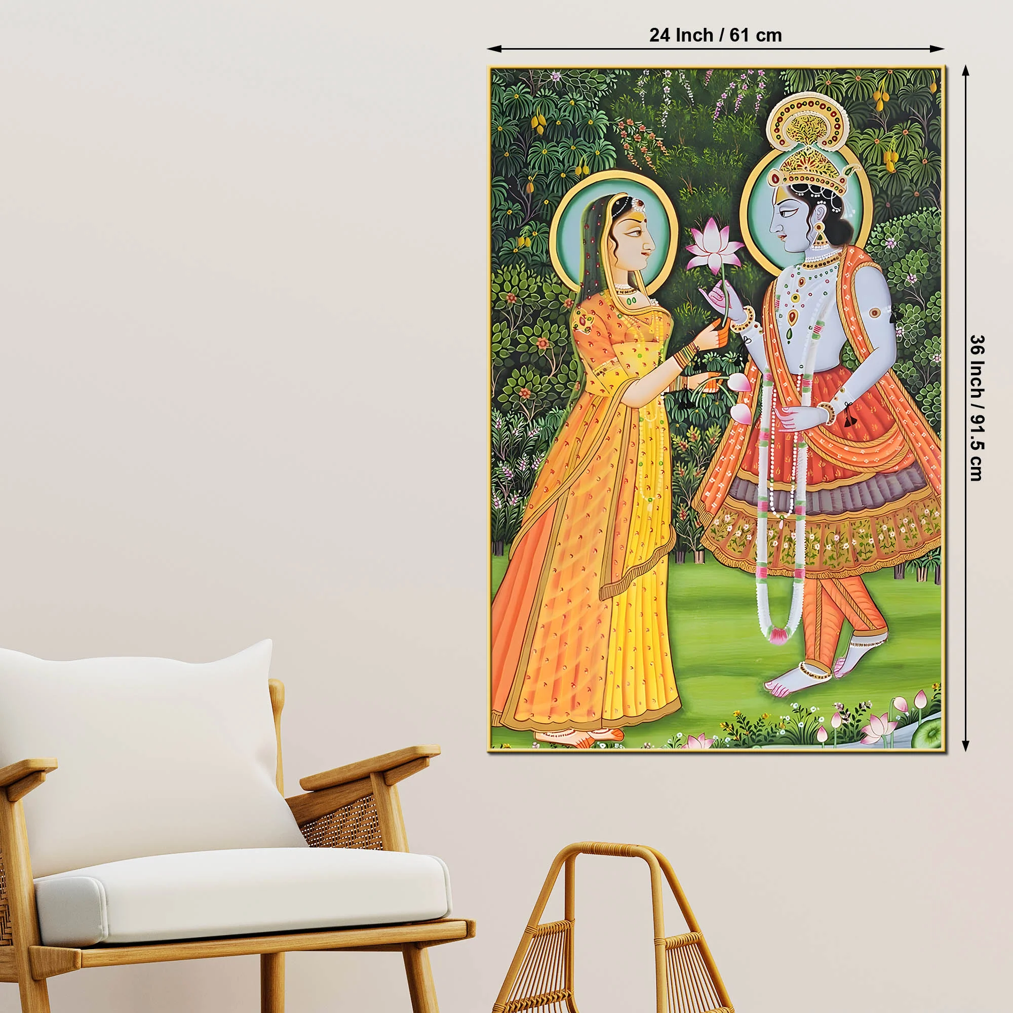 Lord Krishna Accepting Lotus From Shree Radha Canvas Wall Painting - Image 5