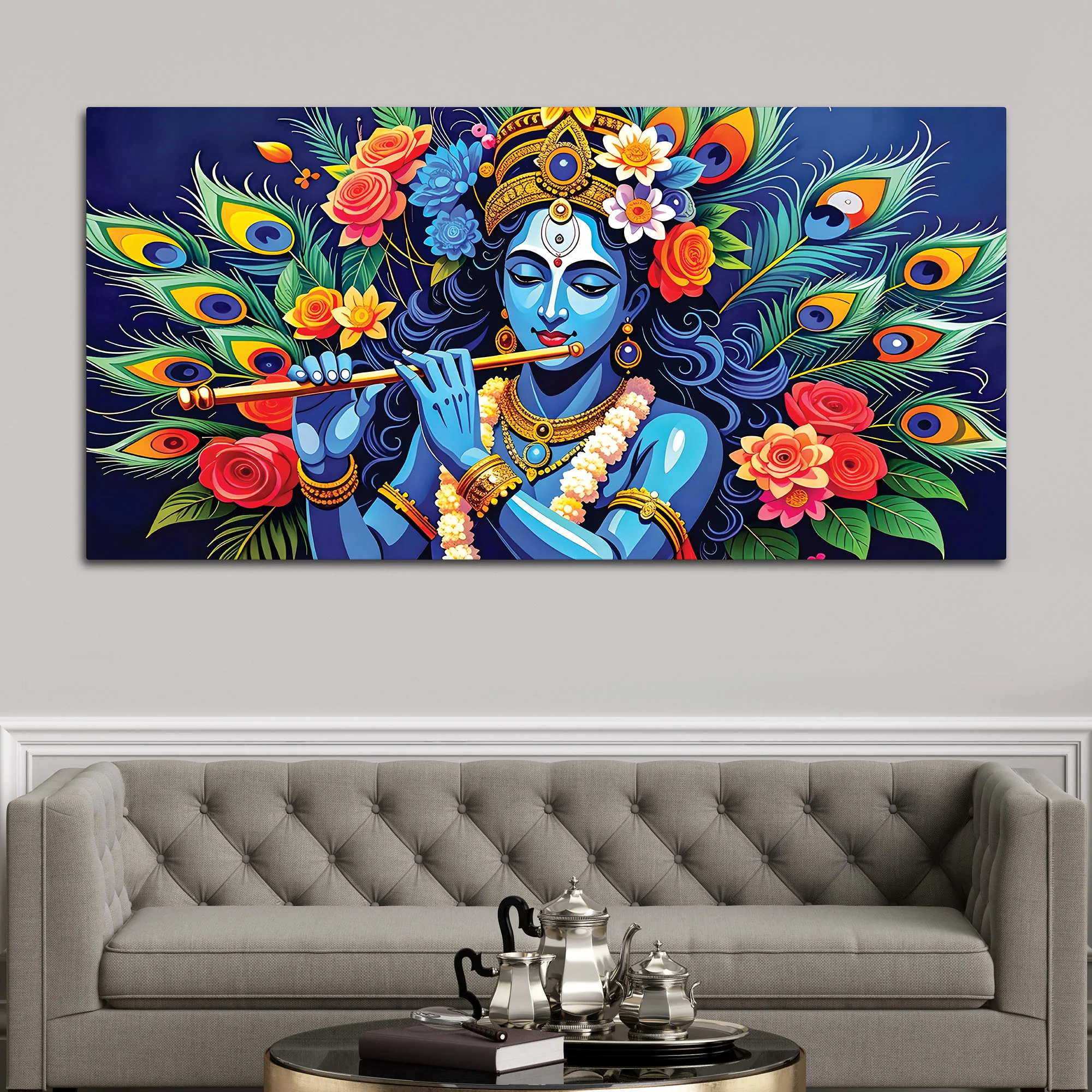 Lord Krishna Floral Peacock Theme Painting - Image 3