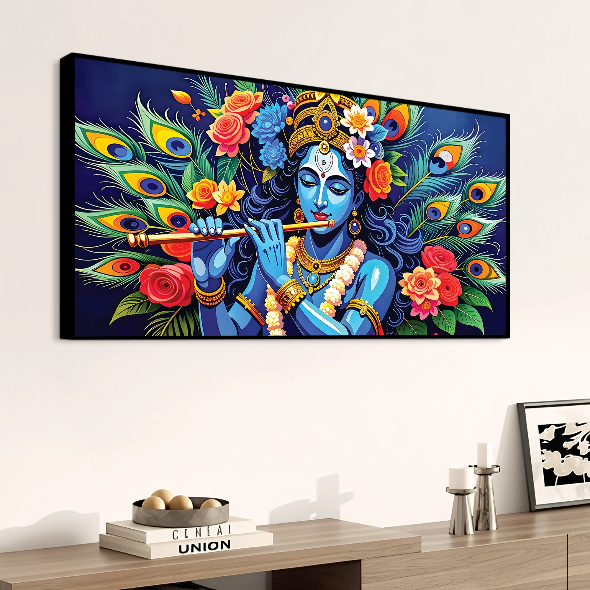 Lord Krishna Floral Peacock Theme Painting - Image 5