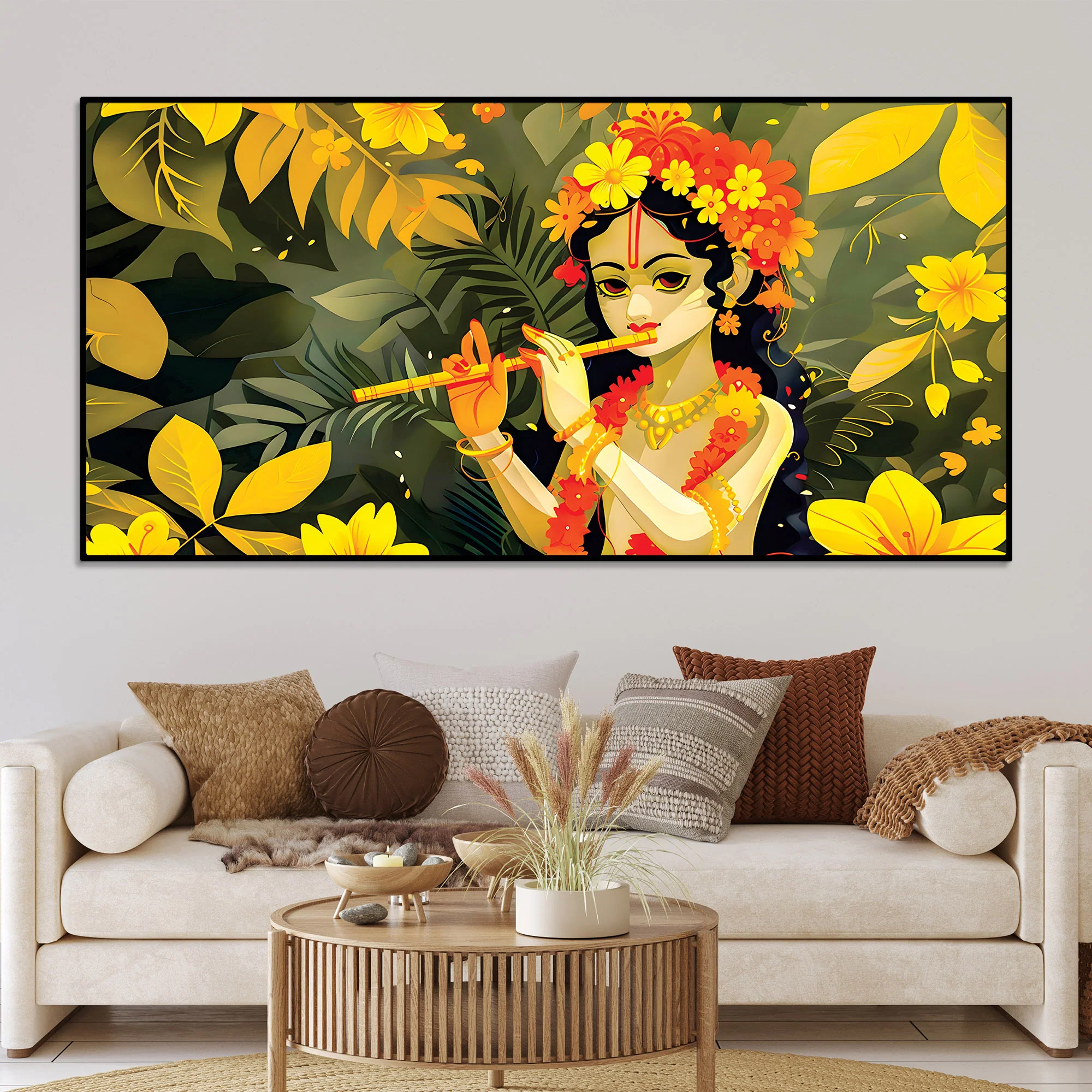 Lord Krishna Floral Theme Canvas Wall Painting for Home Decoration