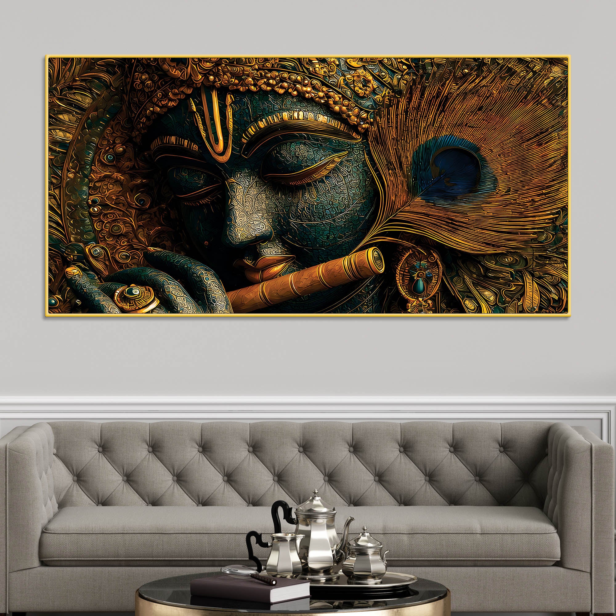 Lord Krishna Flute Textured Canvas Wall Painting for Living Room Decor - Image 2