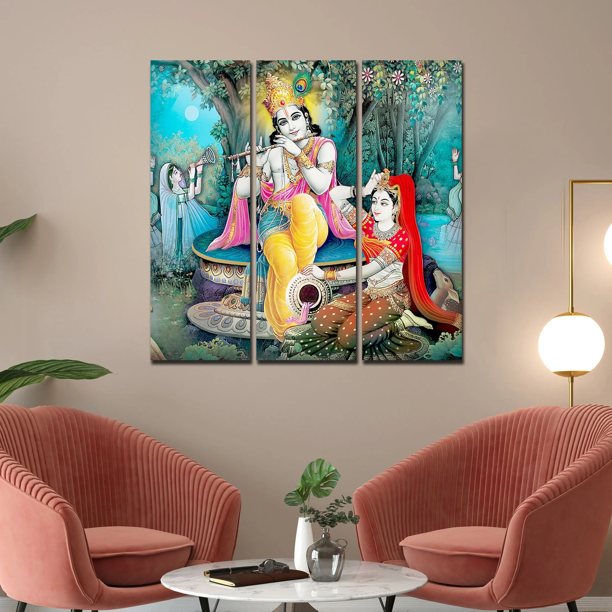 Lord Krishna in Vrindavan Canvas Wall Painting Set of Three - Image 2
