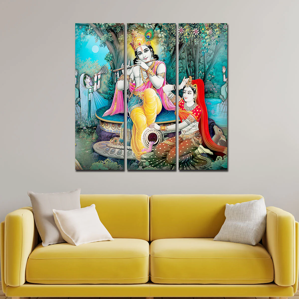 Lord Krishna in Vrindavan Canvas Wall Painting Set of Three - Image 3