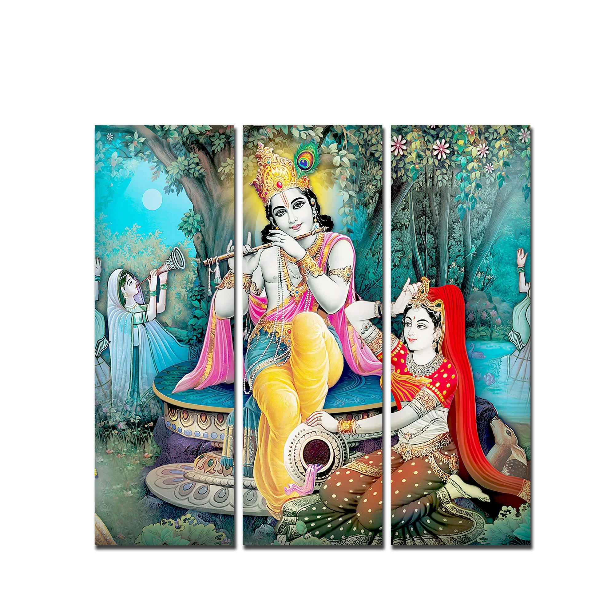Lord Krishna in Vrindavan Canvas Wall Painting Set of Three - Image 4