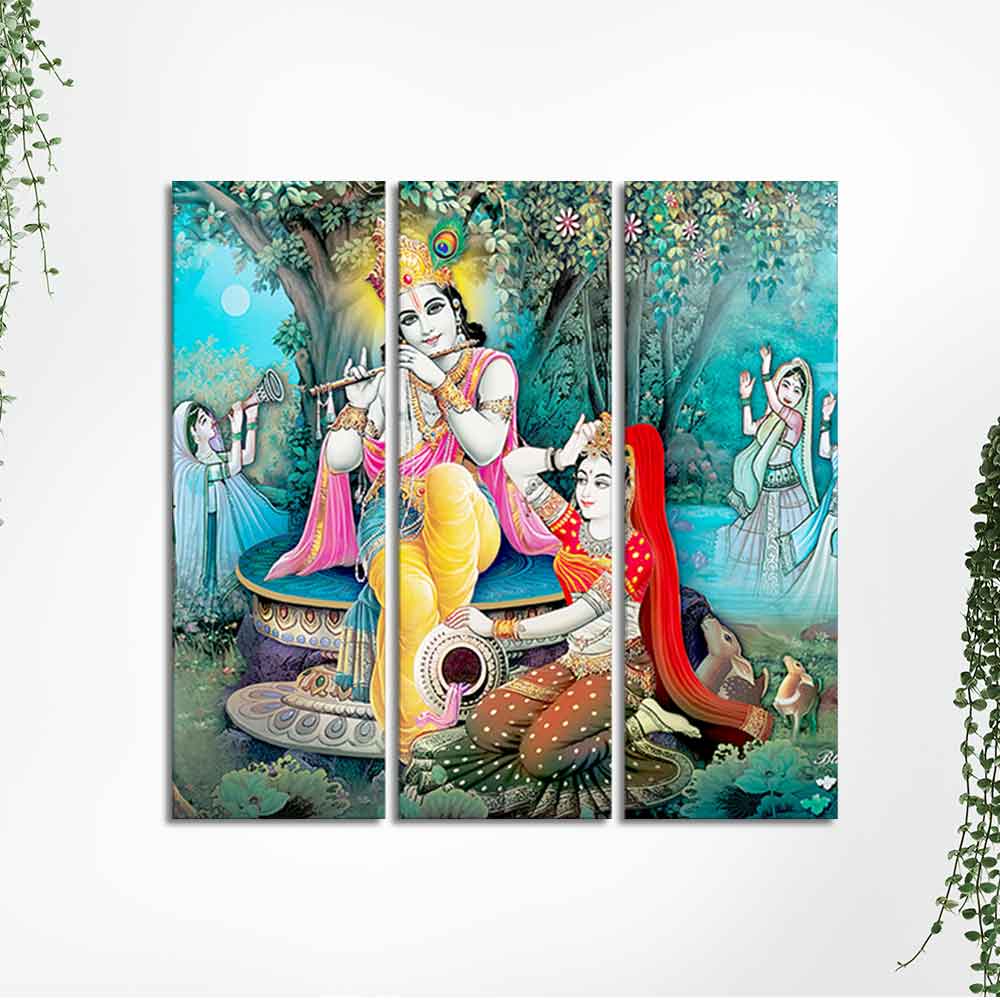 Lord Krishna in Vrindavan Canvas Wall Painting Set of Three - Image 5