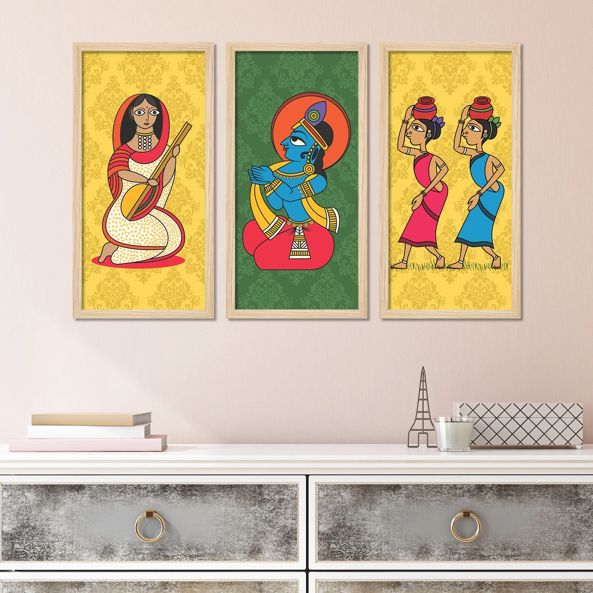 Lord Krishna Life Artistic Art Wall Frame Set of Three - Image 2