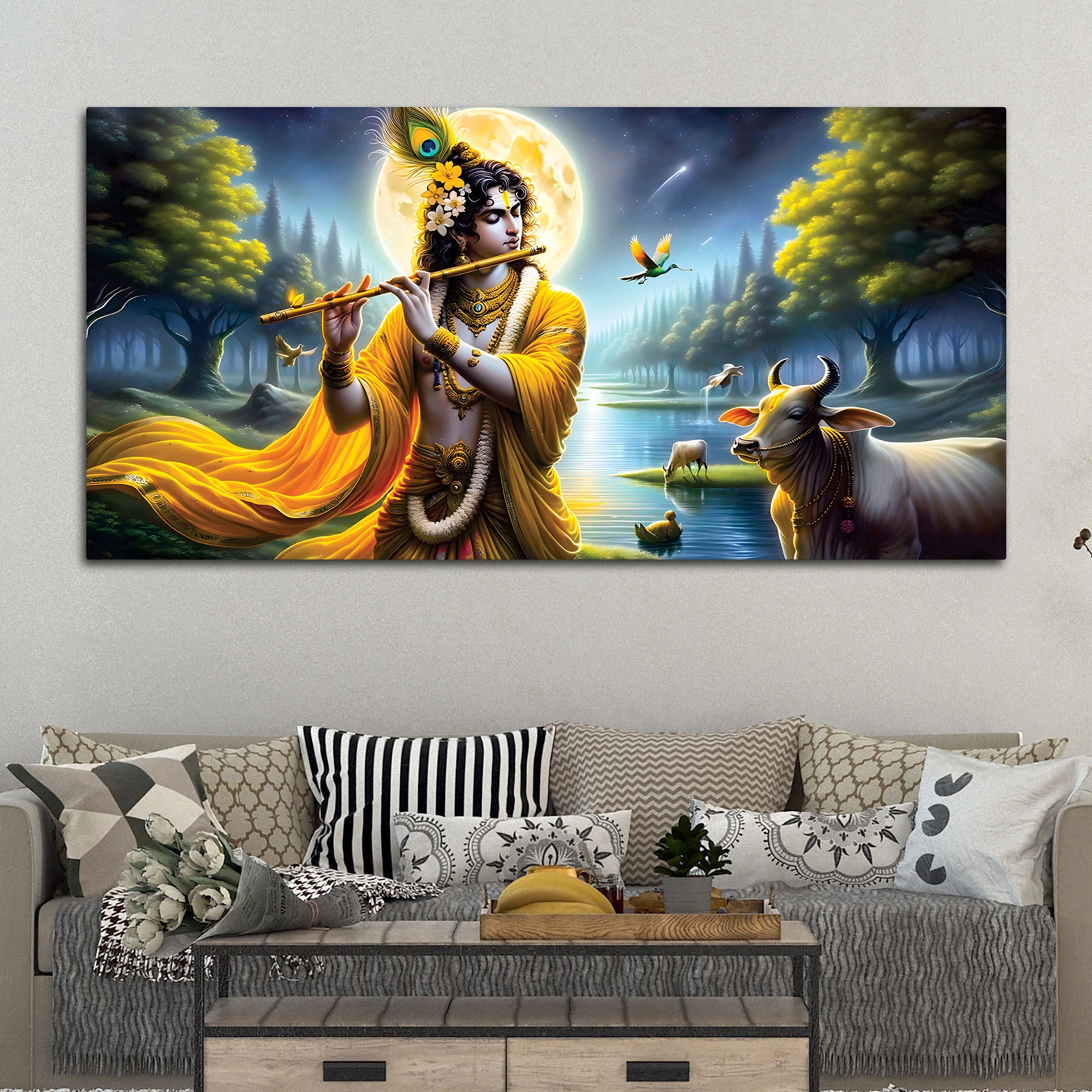 Lord Krishna Peaceful Moonlight Spiritual Painting - Image 3