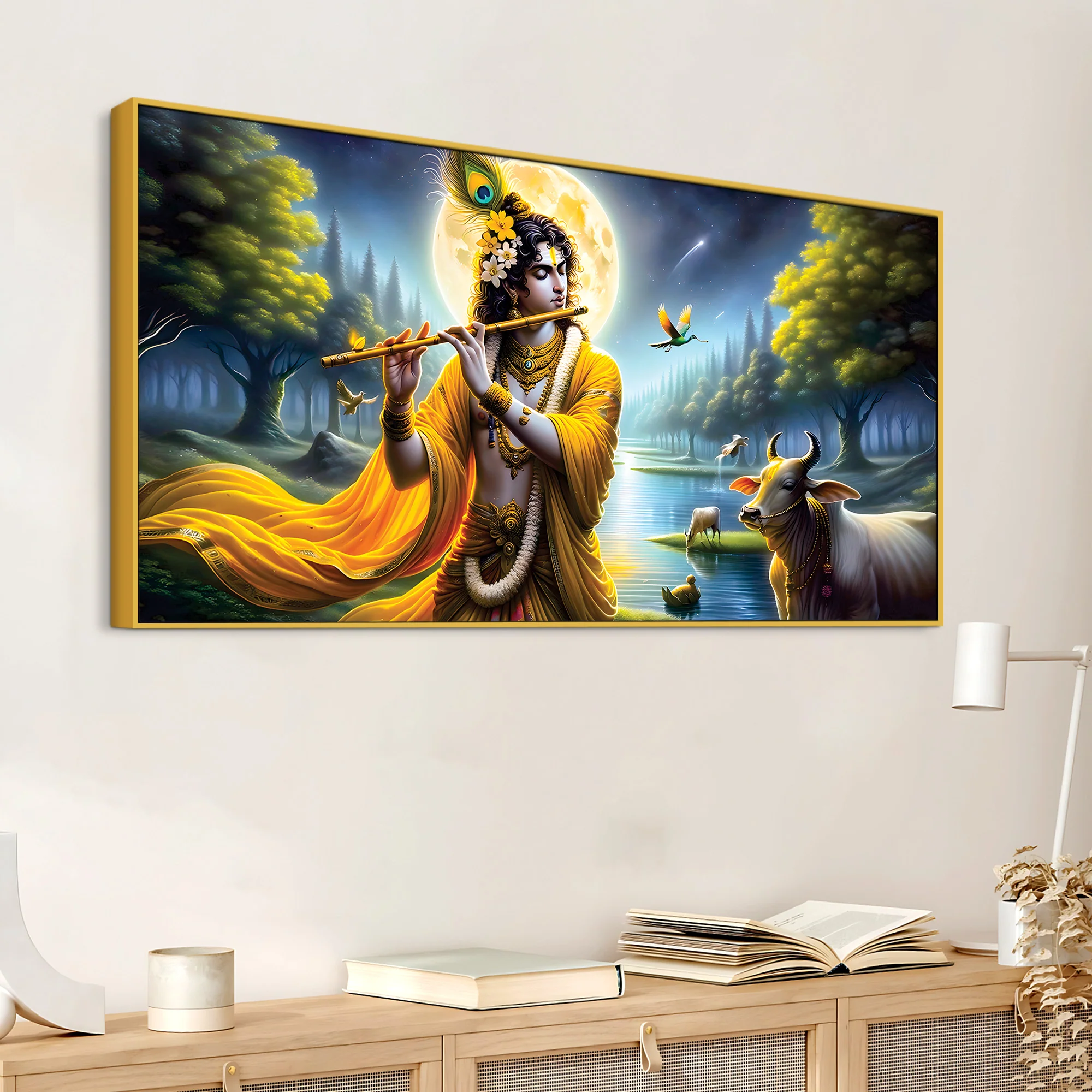 Lord Krishna Peaceful Moonlight Spiritual Painting - Image 5