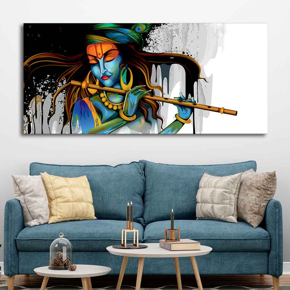 Lord Krishna Playing a Flute Canvas Wall Painting - Image 3