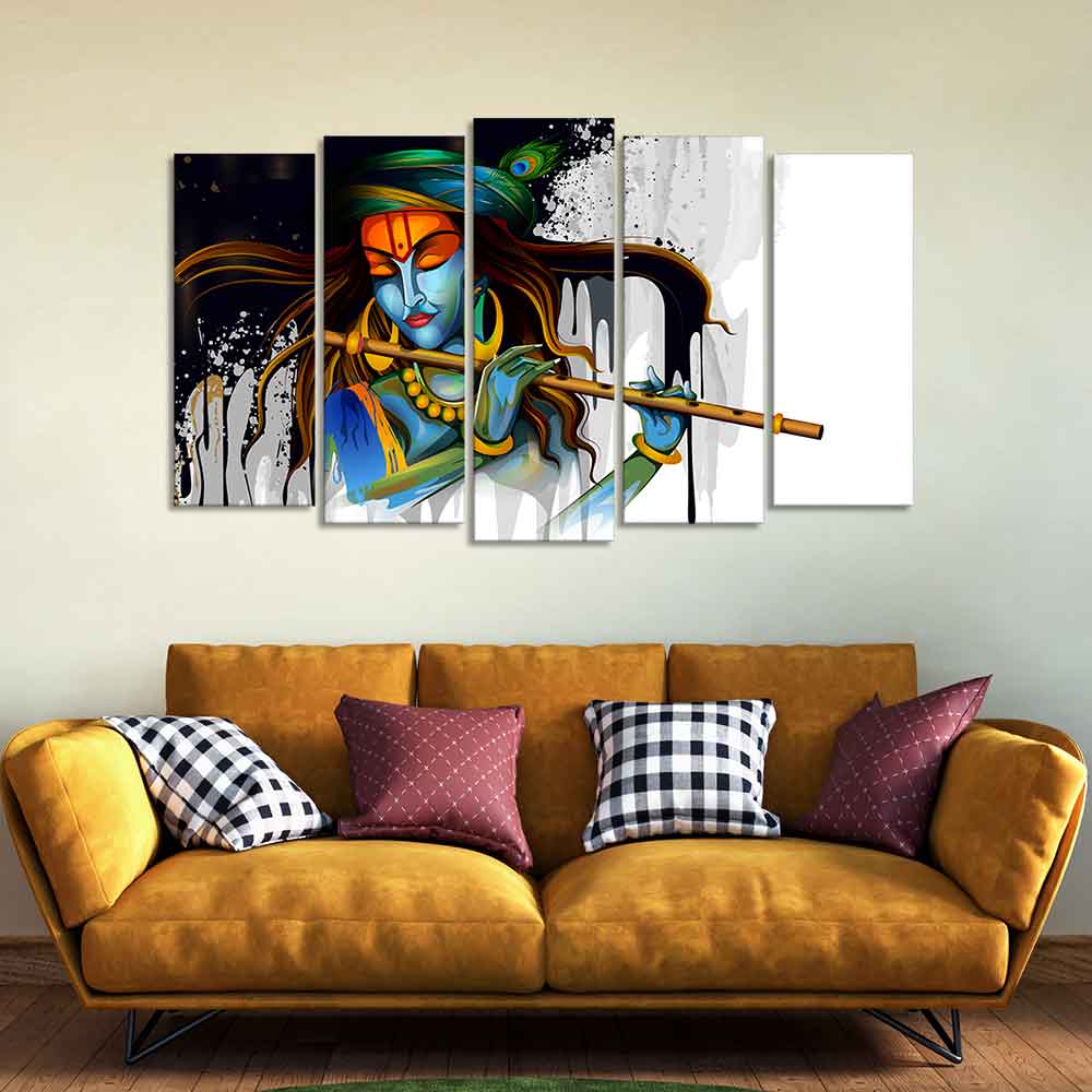 Lord Krishna Playing Flute 5 Pieces Canvas Wall Painting - Image 3