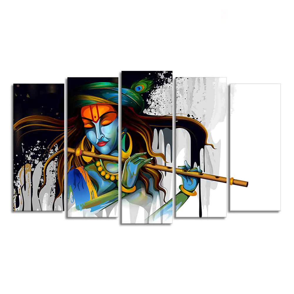 Lord Krishna Playing Flute 5 Pieces Canvas Wall Painting - Image 4