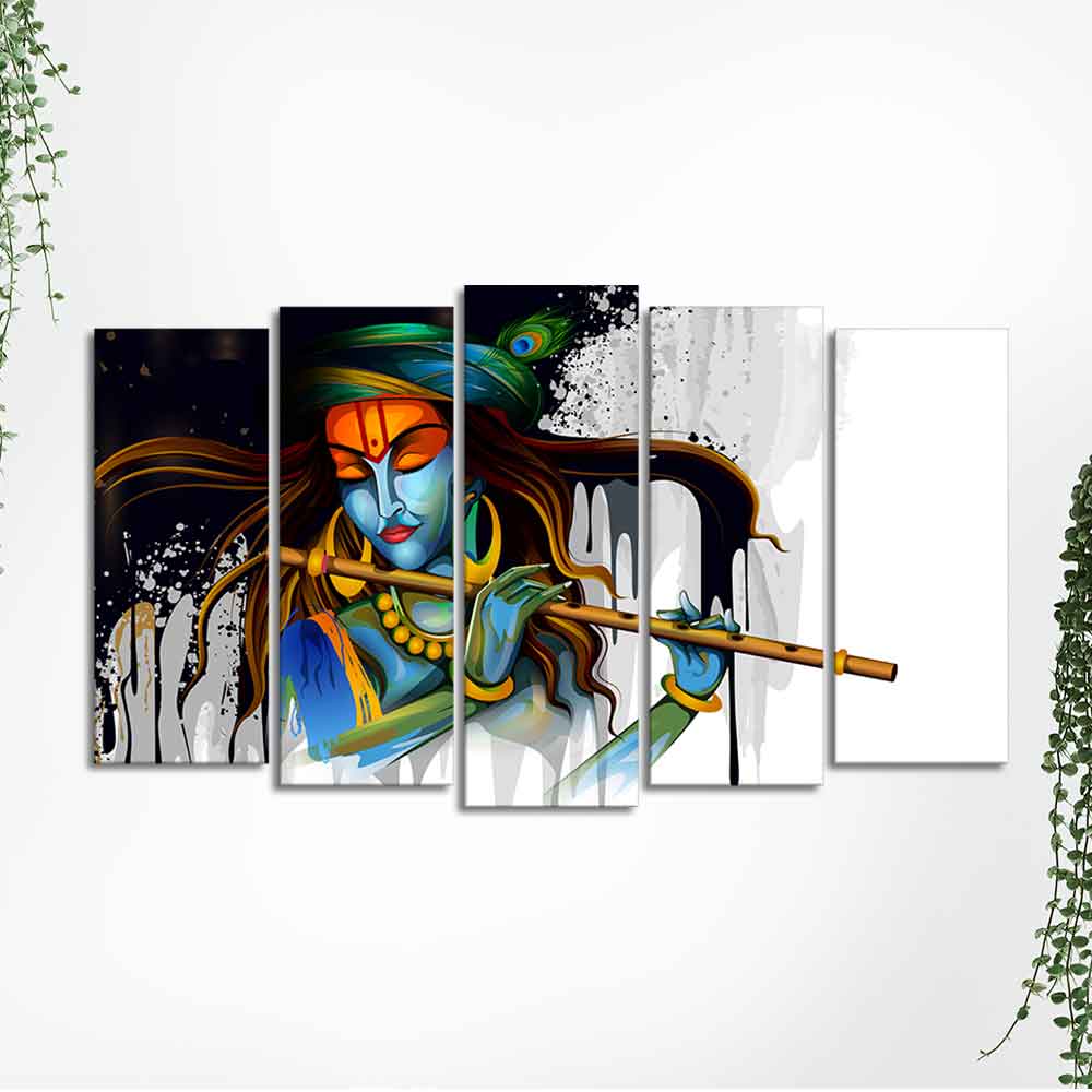 Lord Krishna Playing Flute 5 Pieces Canvas Wall Painting - Image 5