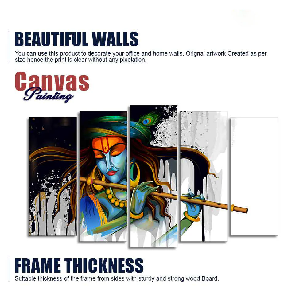 Lord Krishna Playing Flute 5 Pieces Canvas Wall Painting - Image 6