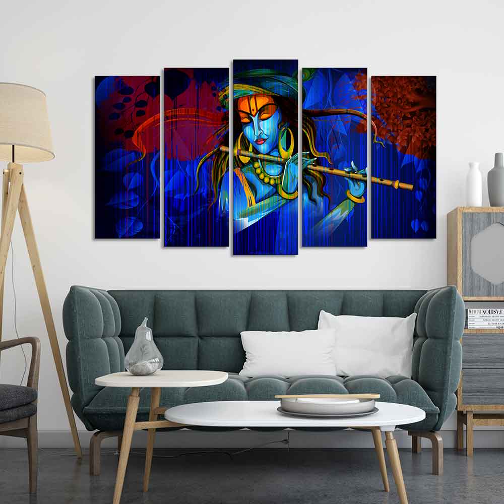 Lord Krishna Playing Flute 5 Pieces Wall Painting - Image 3
