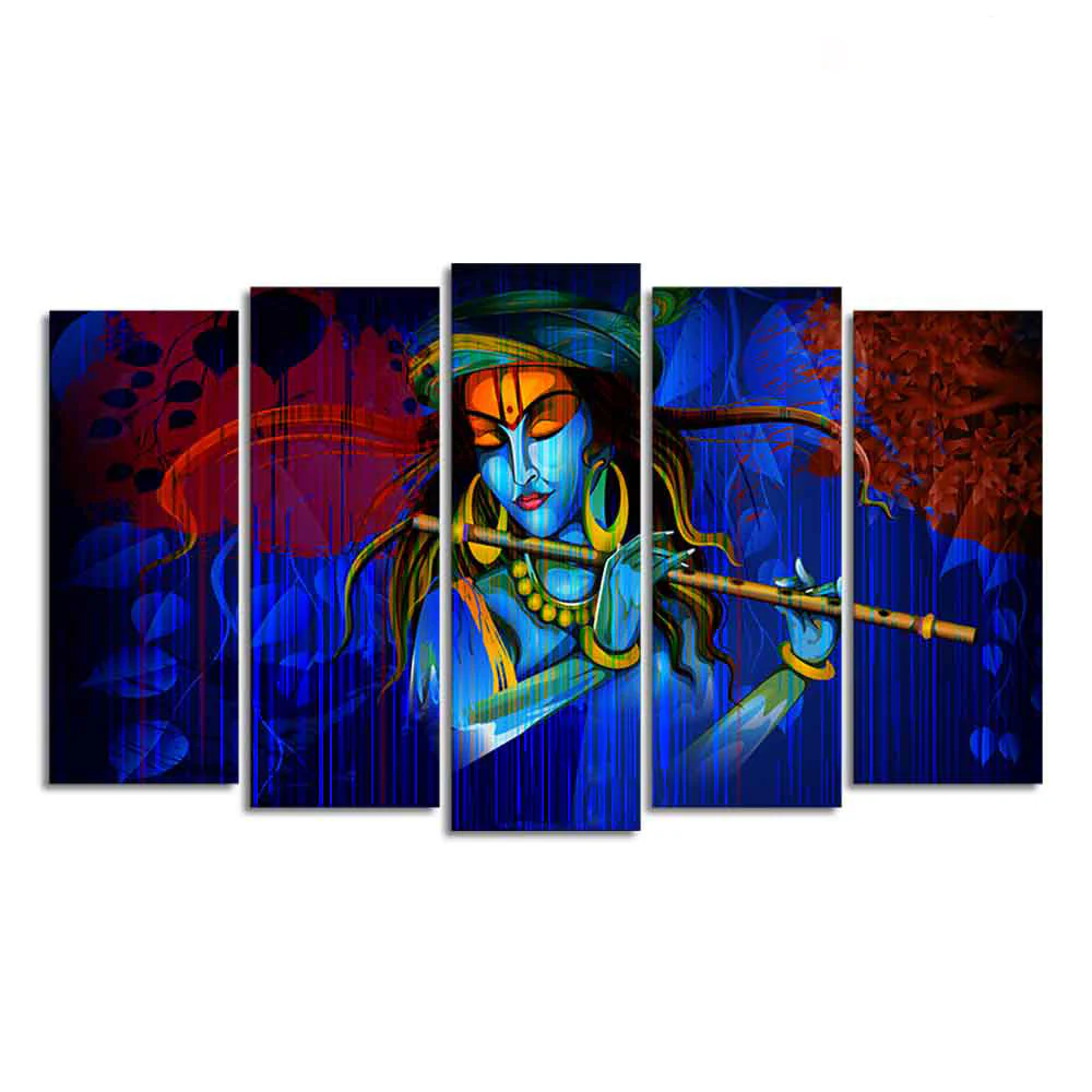 Lord Krishna Playing Flute 5 Pieces Wall Painting - Image 4