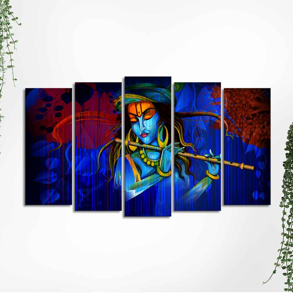 Lord Krishna Playing Flute 5 Pieces Wall Painting - Image 5