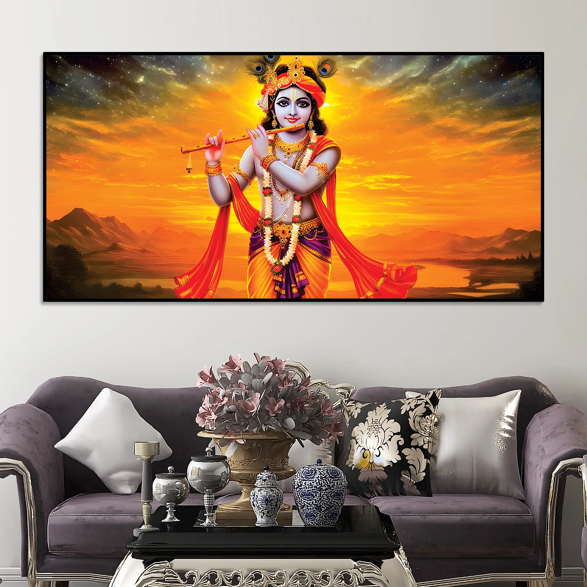 Lord Krishna Playing Flute Canvas Painting for Wall Decor