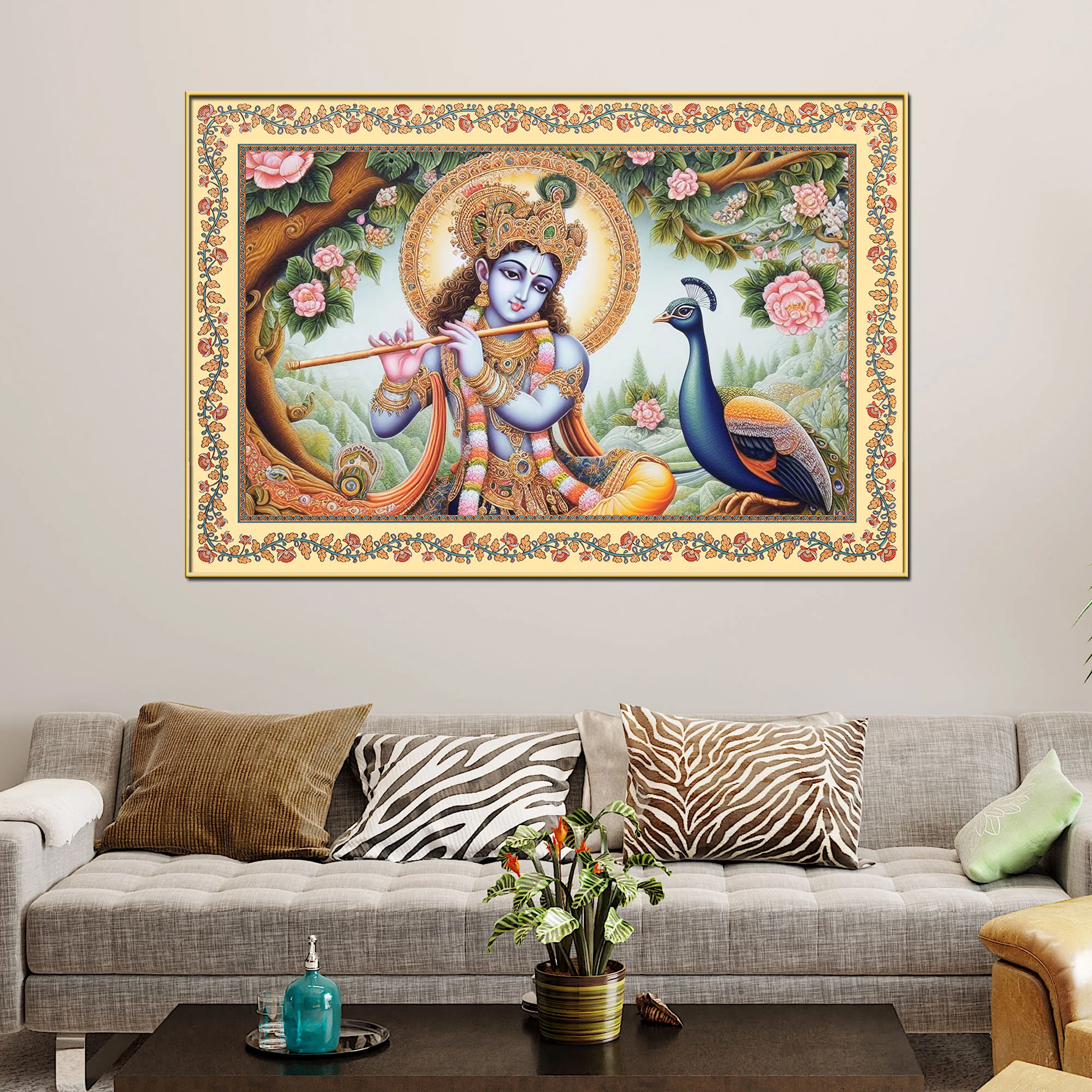 Lord Krishna Playing Flute Floral Border Canvas Wall Painting