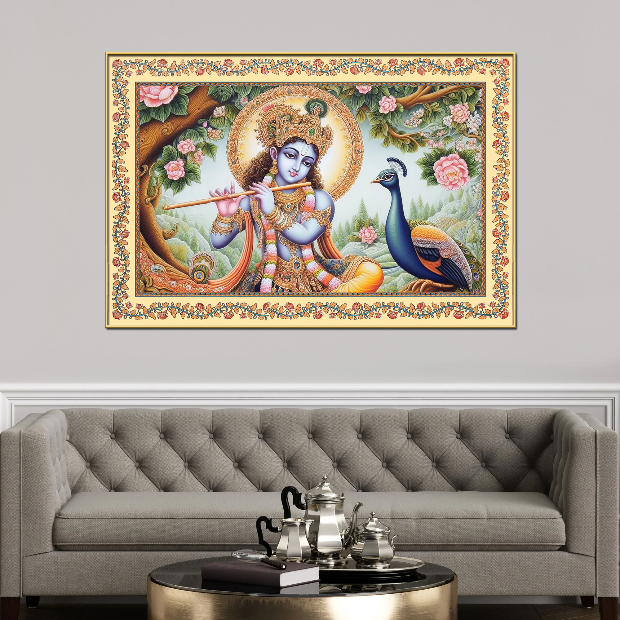 Lord Krishna Playing Flute Floral Border Canvas Wall Painting - Image 3