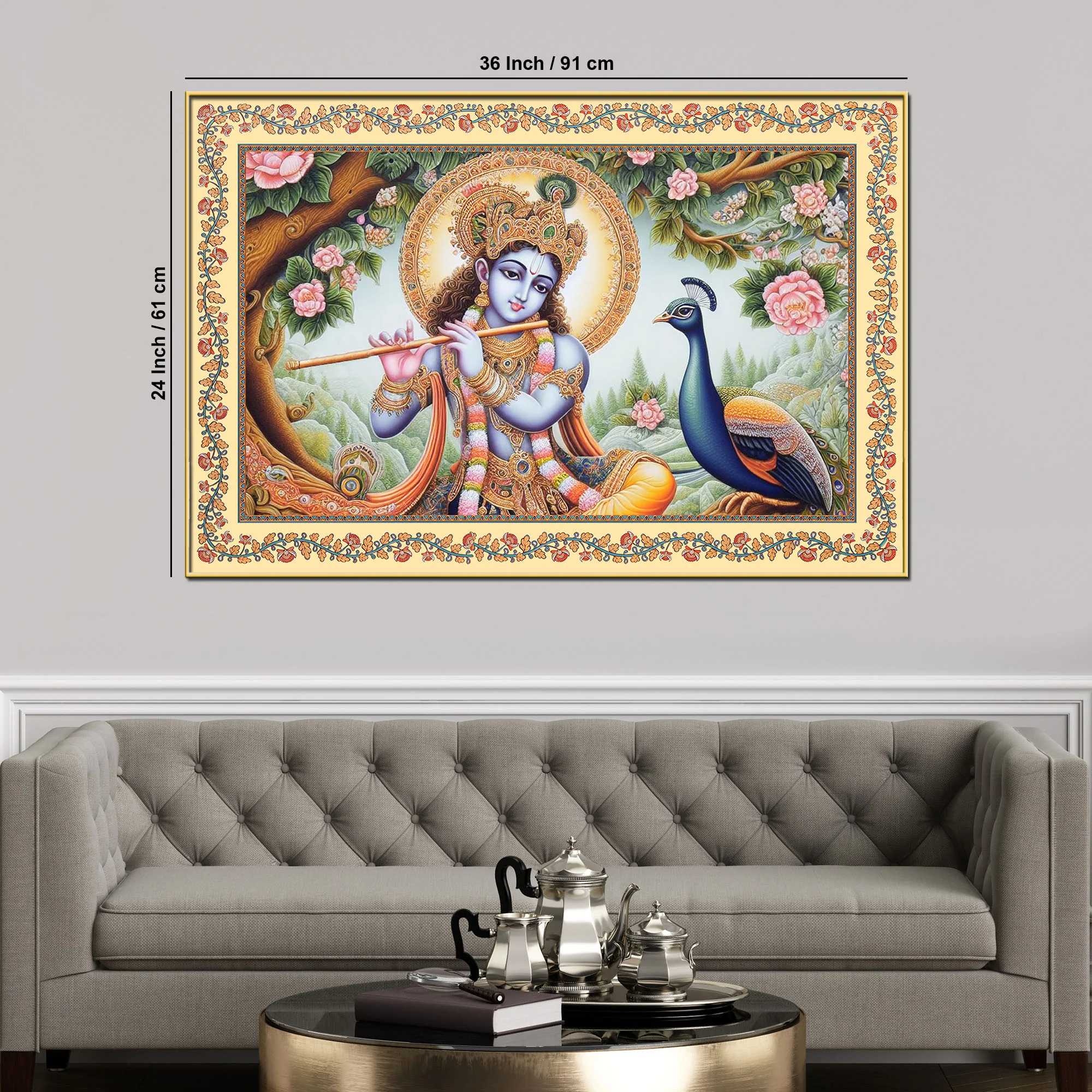 Lord Krishna Playing Flute Floral Border Canvas Wall Painting - Image 6