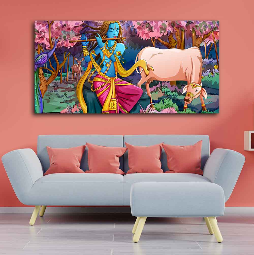 Lord Krishna Playing Flute Pink Trees in Background Canvas Wall Painting - Image 3