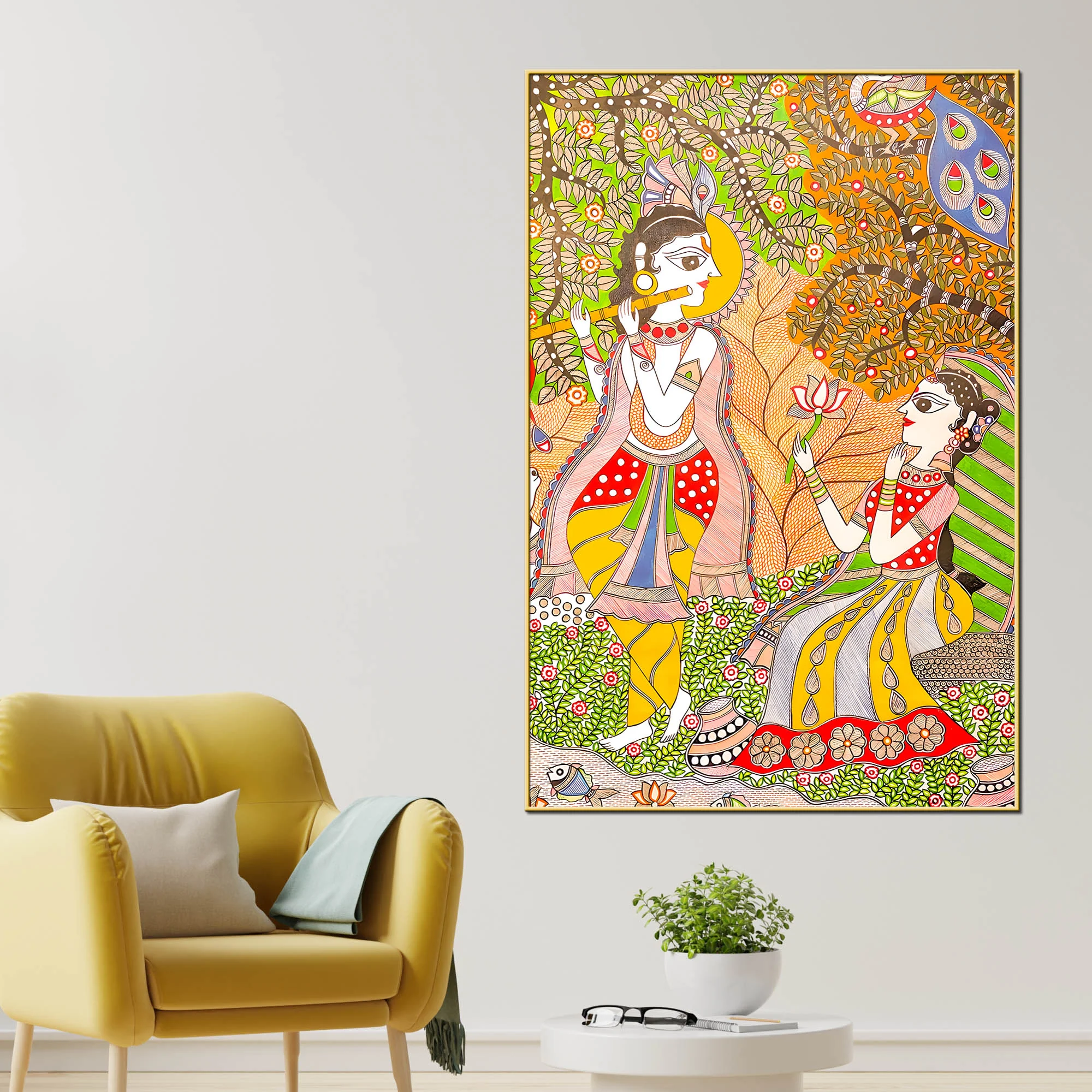 Lord Krishna Playing Flute Under Tree with Shree Radha Folk Art Canvas Wall Painting - Image 2