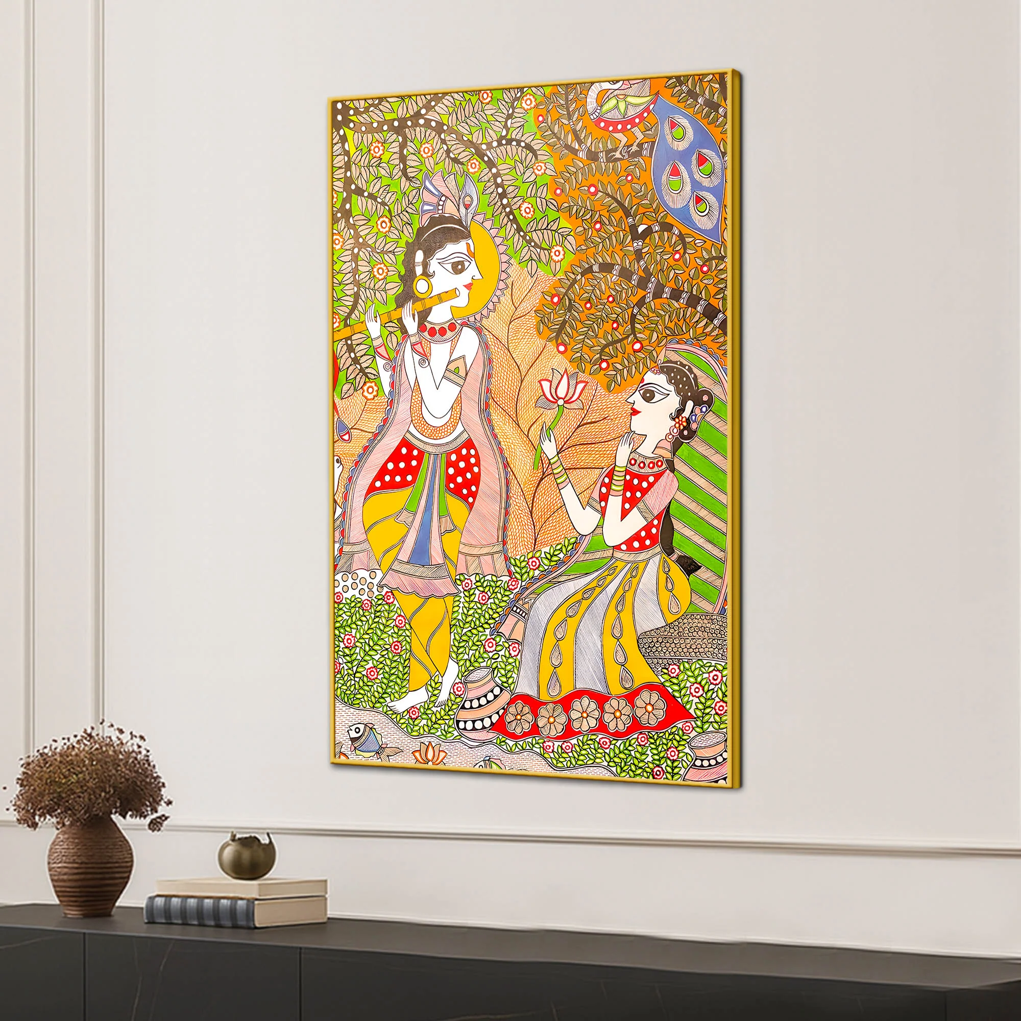 Lord Krishna Playing Flute Under Tree with Shree Radha Folk Art Canvas Wall Painting - Image 3