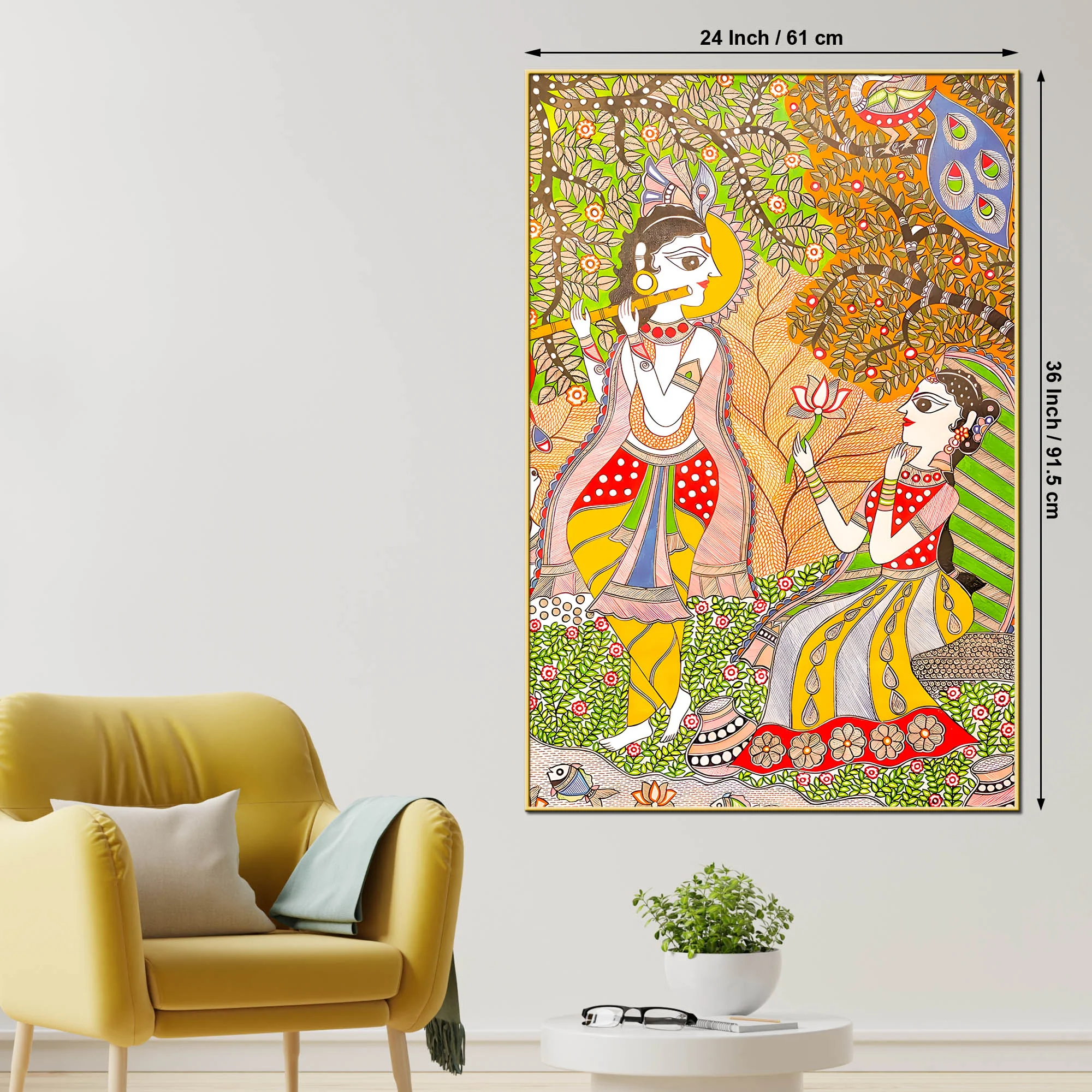 Lord Krishna Playing Flute Under Tree with Shree Radha Folk Art Canvas Wall Painting - Image 5