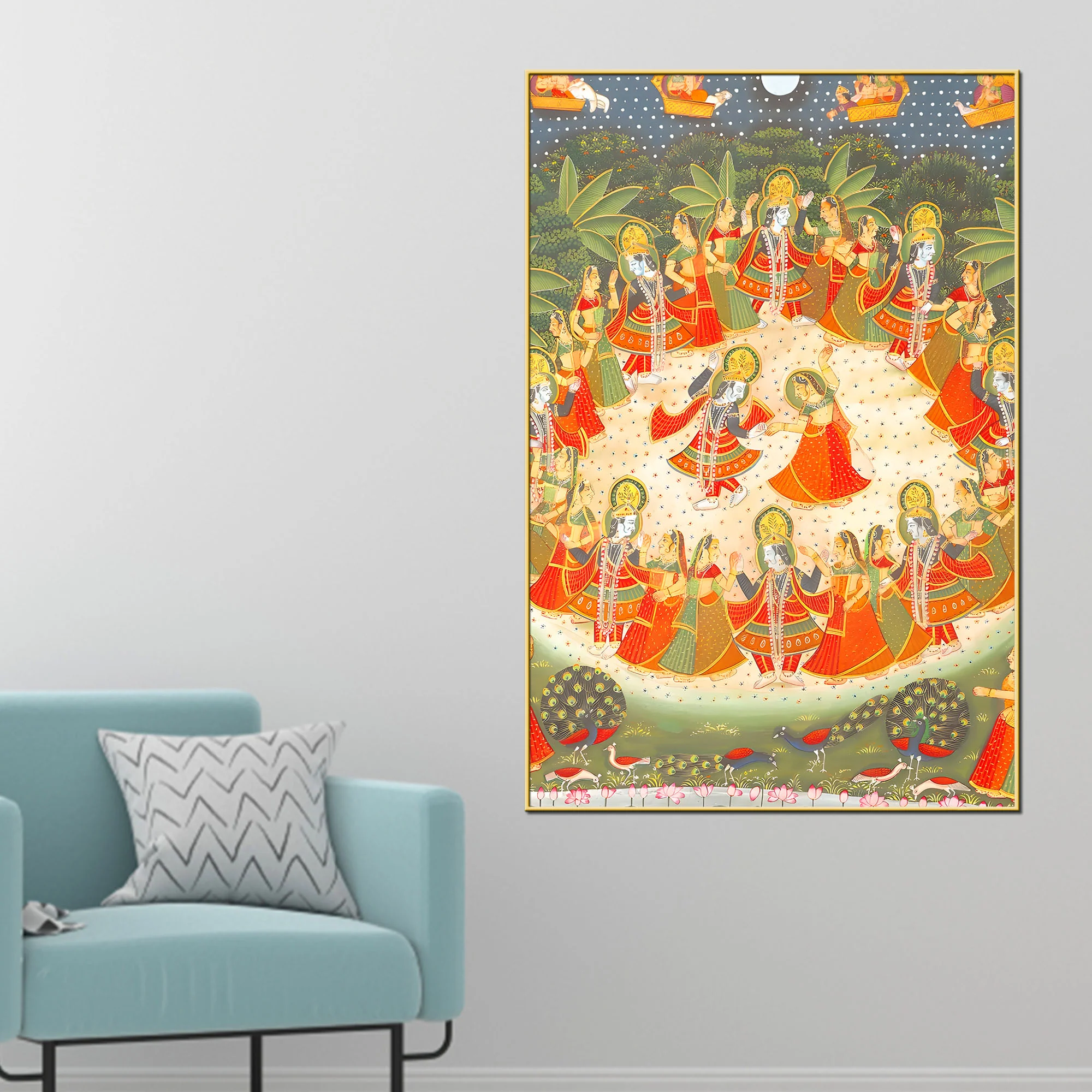 Lord Krishna Raas Leela Devotional Folk Art Canvas Wall Painting