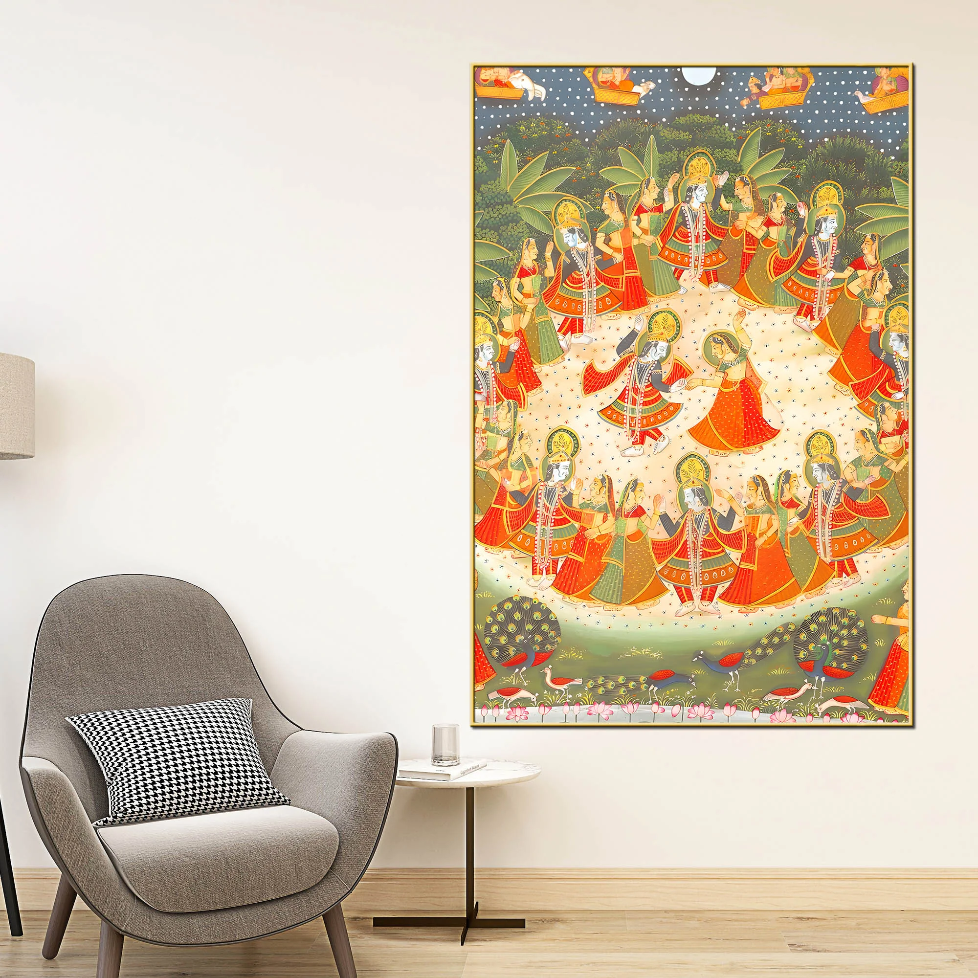 Lord Krishna Raas Leela Devotional Folk Art Canvas Wall Painting - Image 2