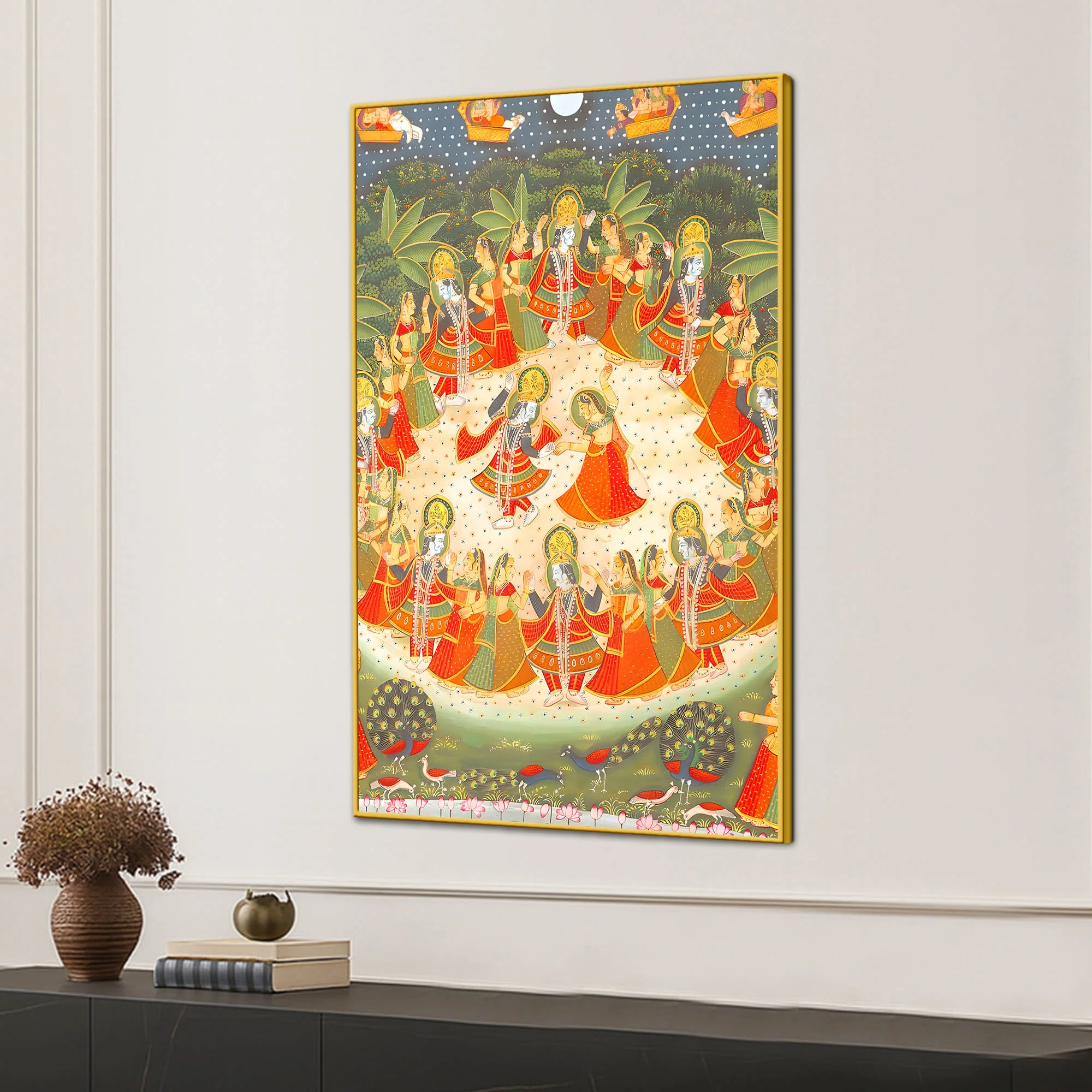 Lord Krishna Raas Leela Devotional Folk Art Canvas Wall Painting - Image 3