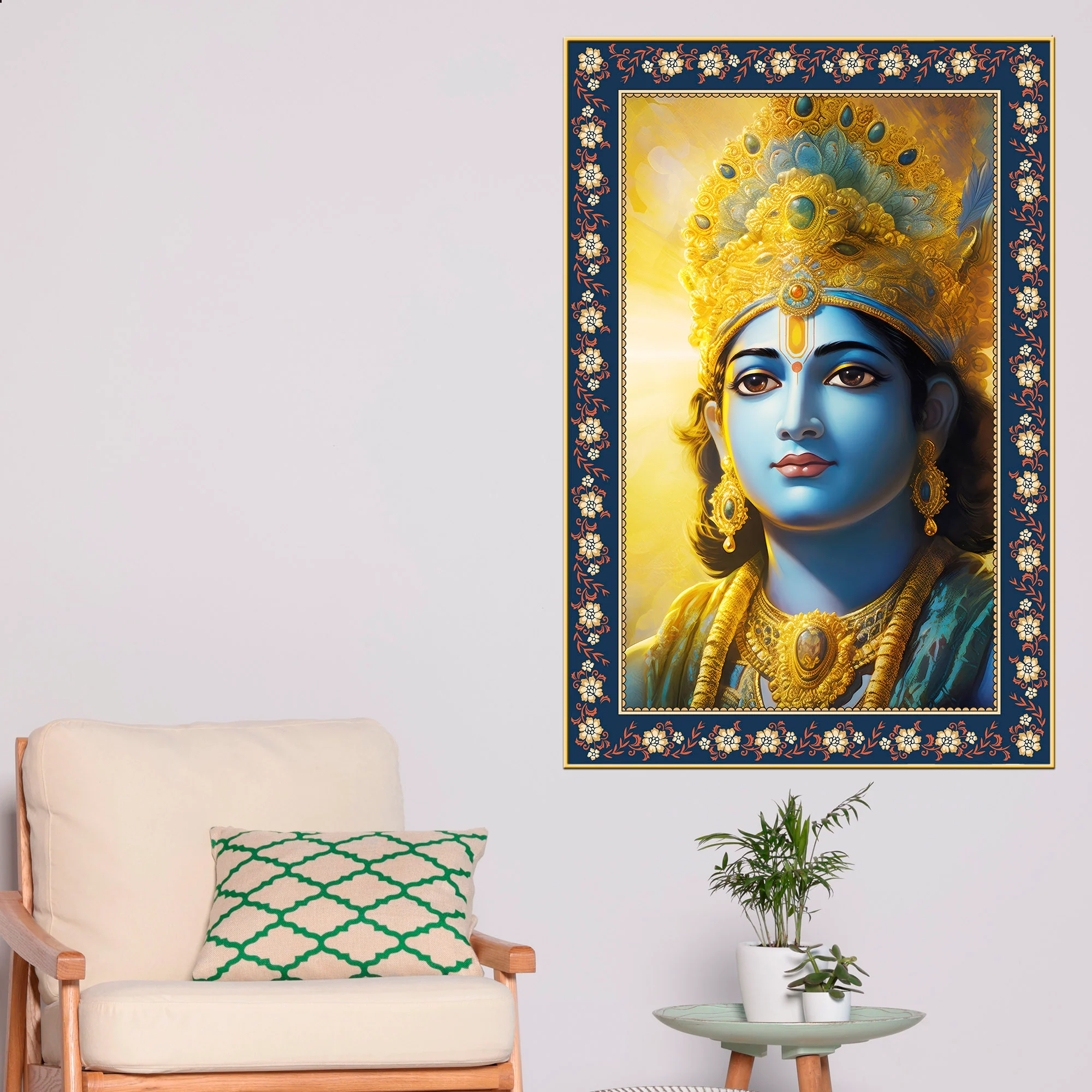 Lord Krishna Sacred and Devotion Floral Border Vertical Wall Painting - Image 2