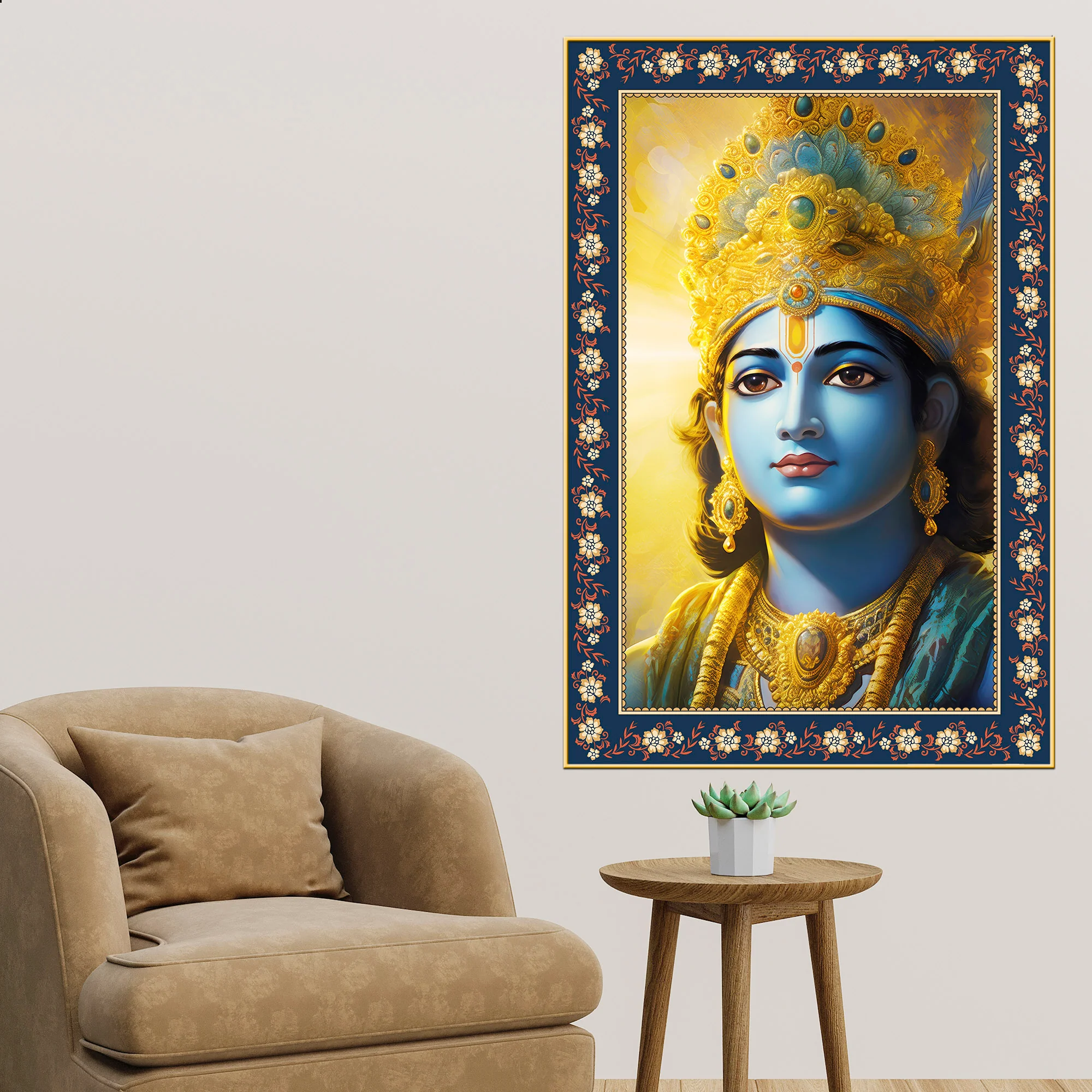 Lord Krishna Sacred and Devotion Floral Border Vertical Wall Painting - Image 3